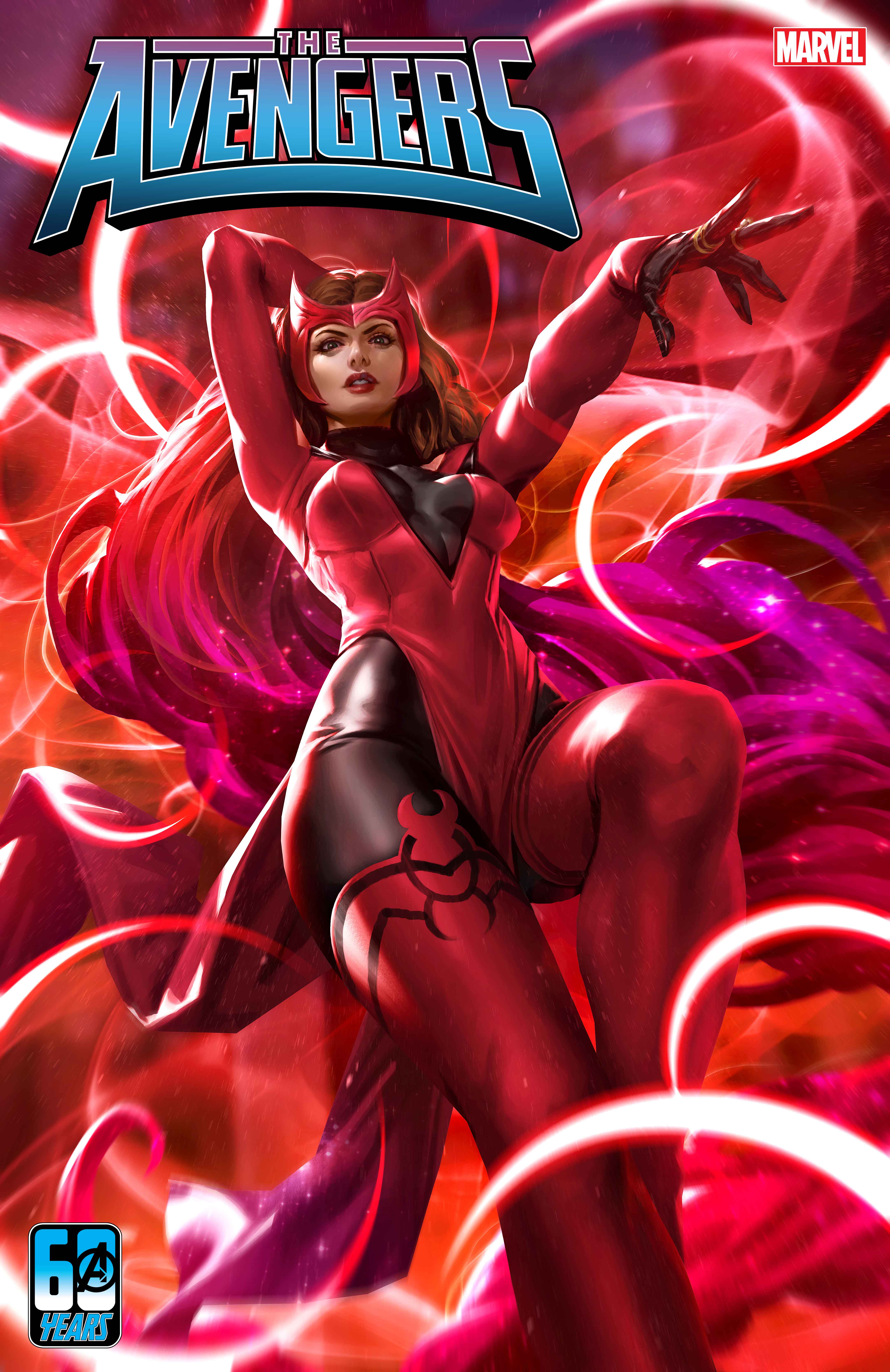 Illustrated cover of the Avengers featuring the Scarlet Witch