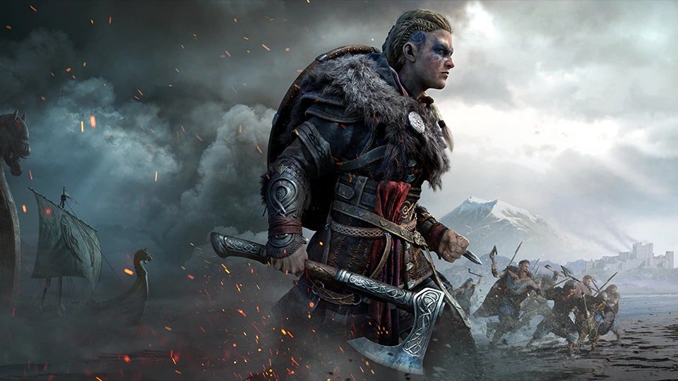 Assassin's Creed Valhalla's main character Eivor looks over a battlefield