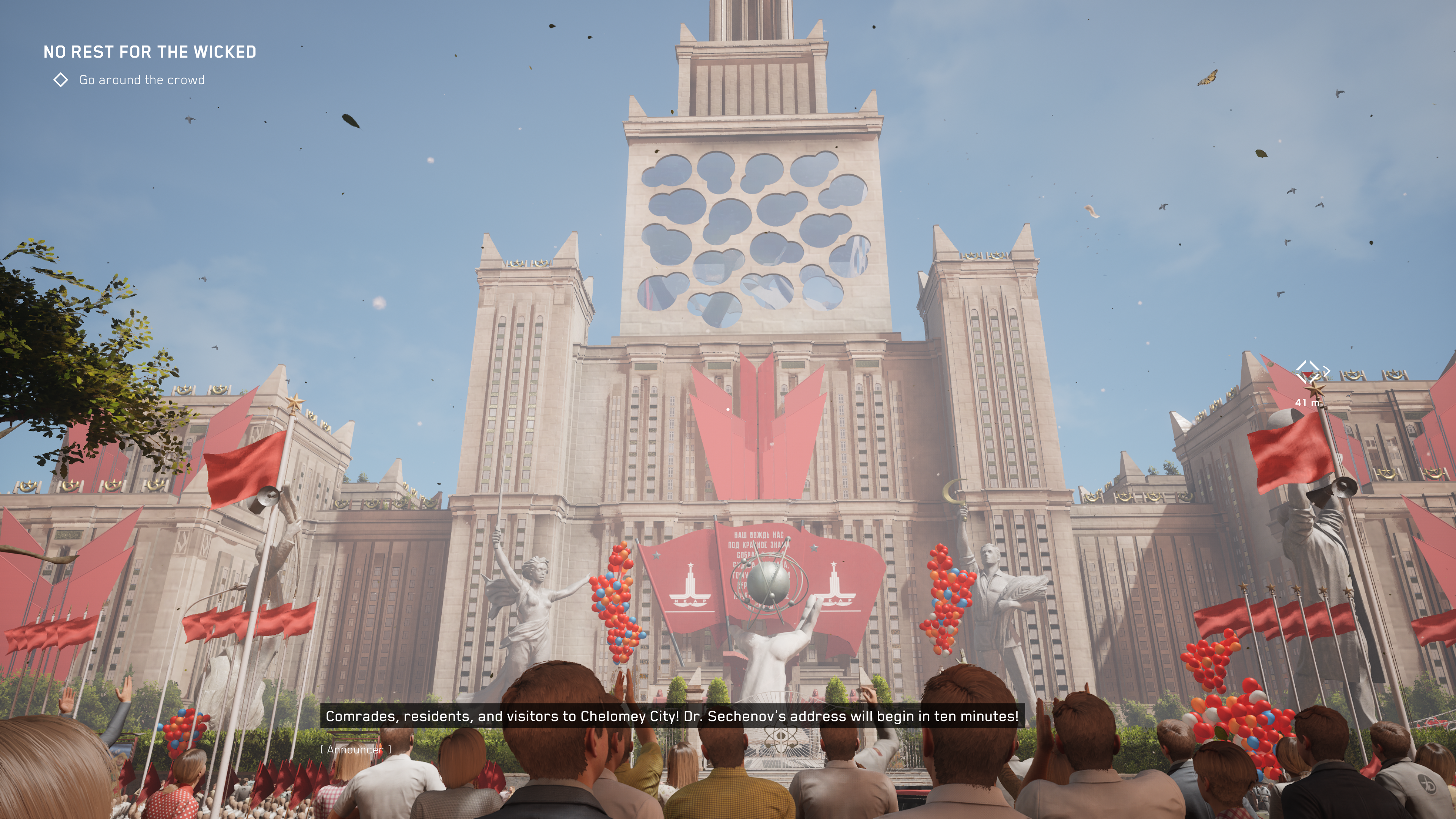 Atomic Heart review - a crowd looks up at a giant government building in white stone draped in red banners against a blue sky during a big parade