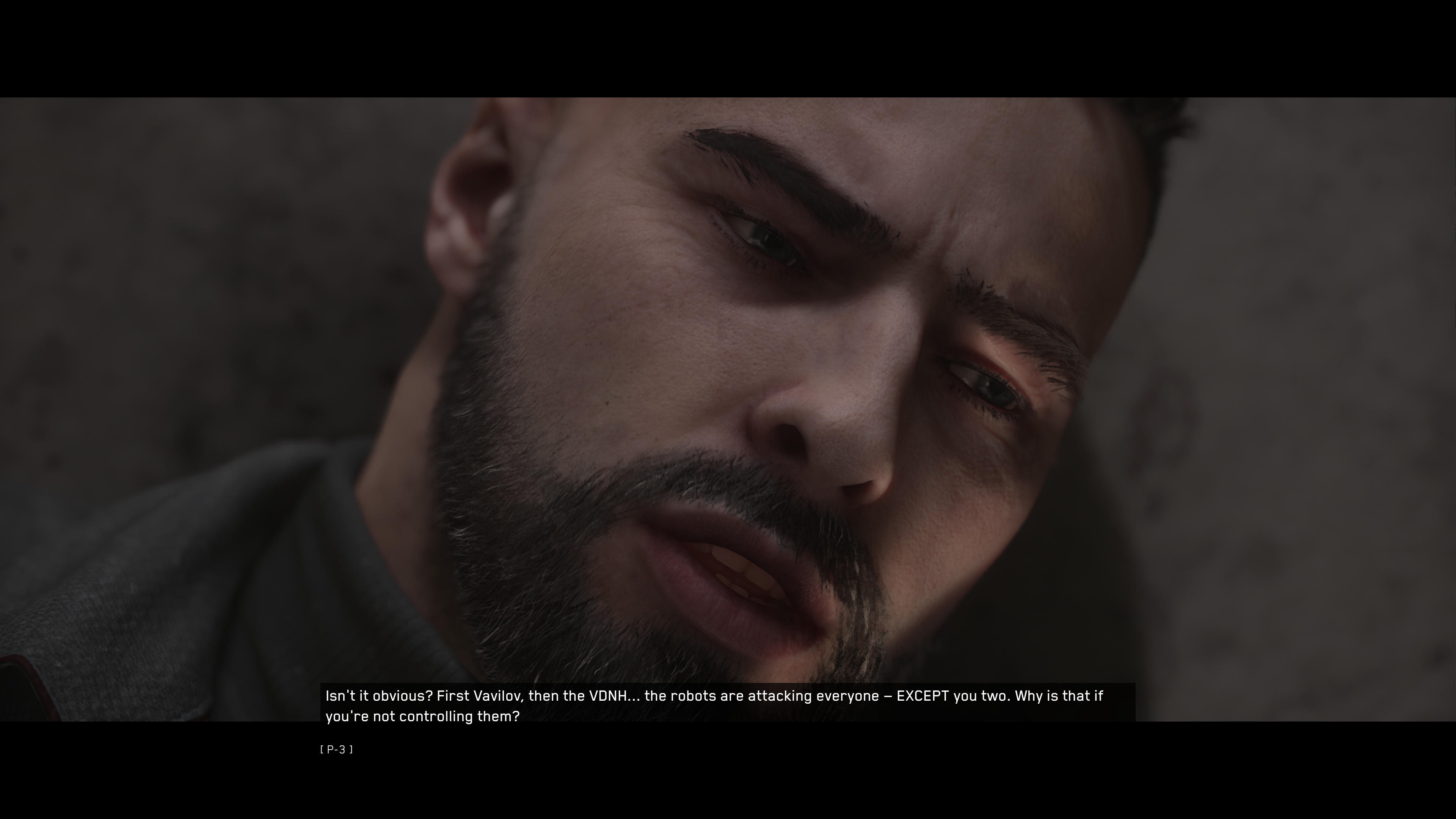 Atomic Heart review - P-3's face looking confused as his glove, Charles, explains things to him