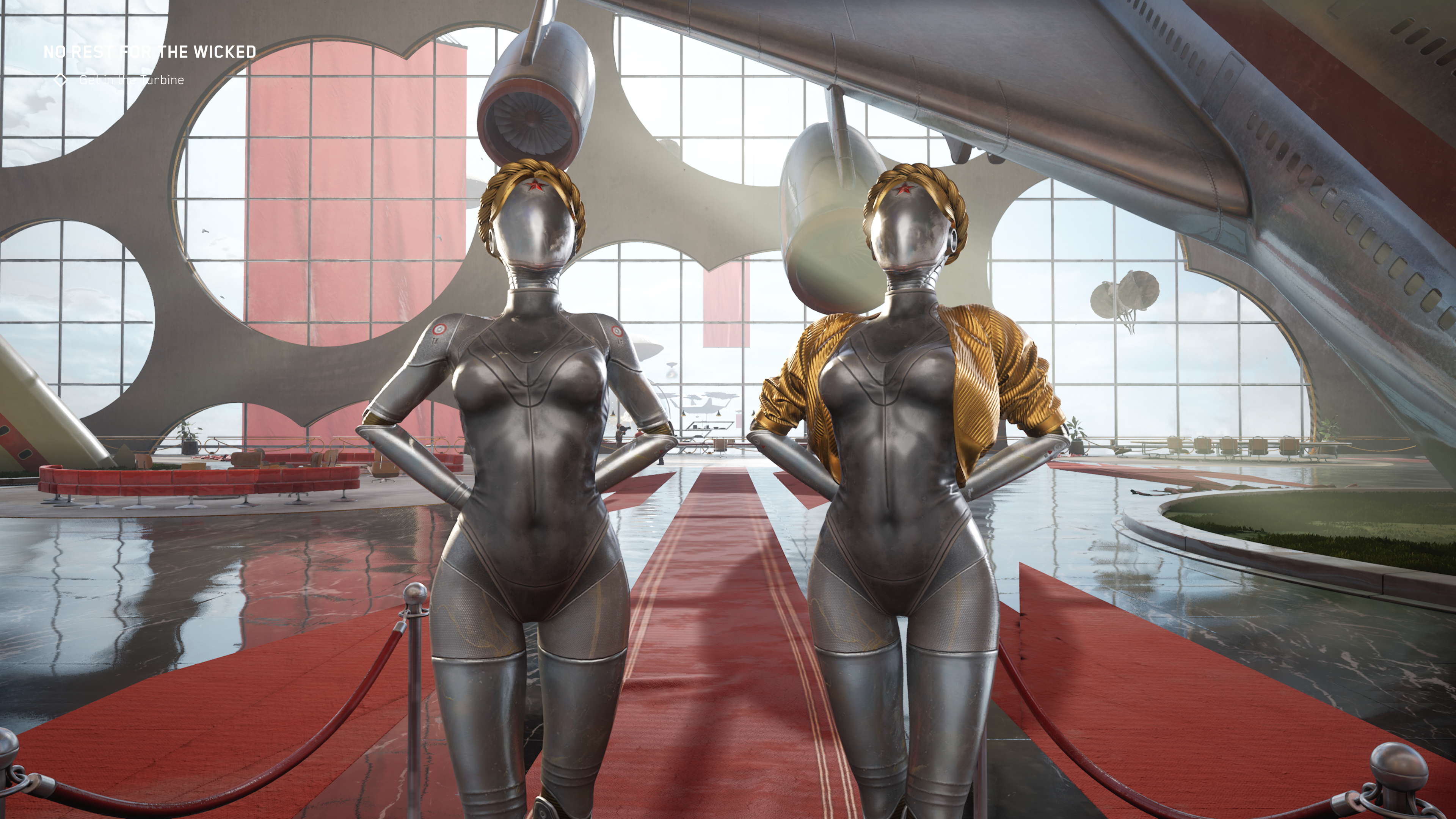 Atomic Heart review - the two ballerina robots stand in front of you with suggestive pertness