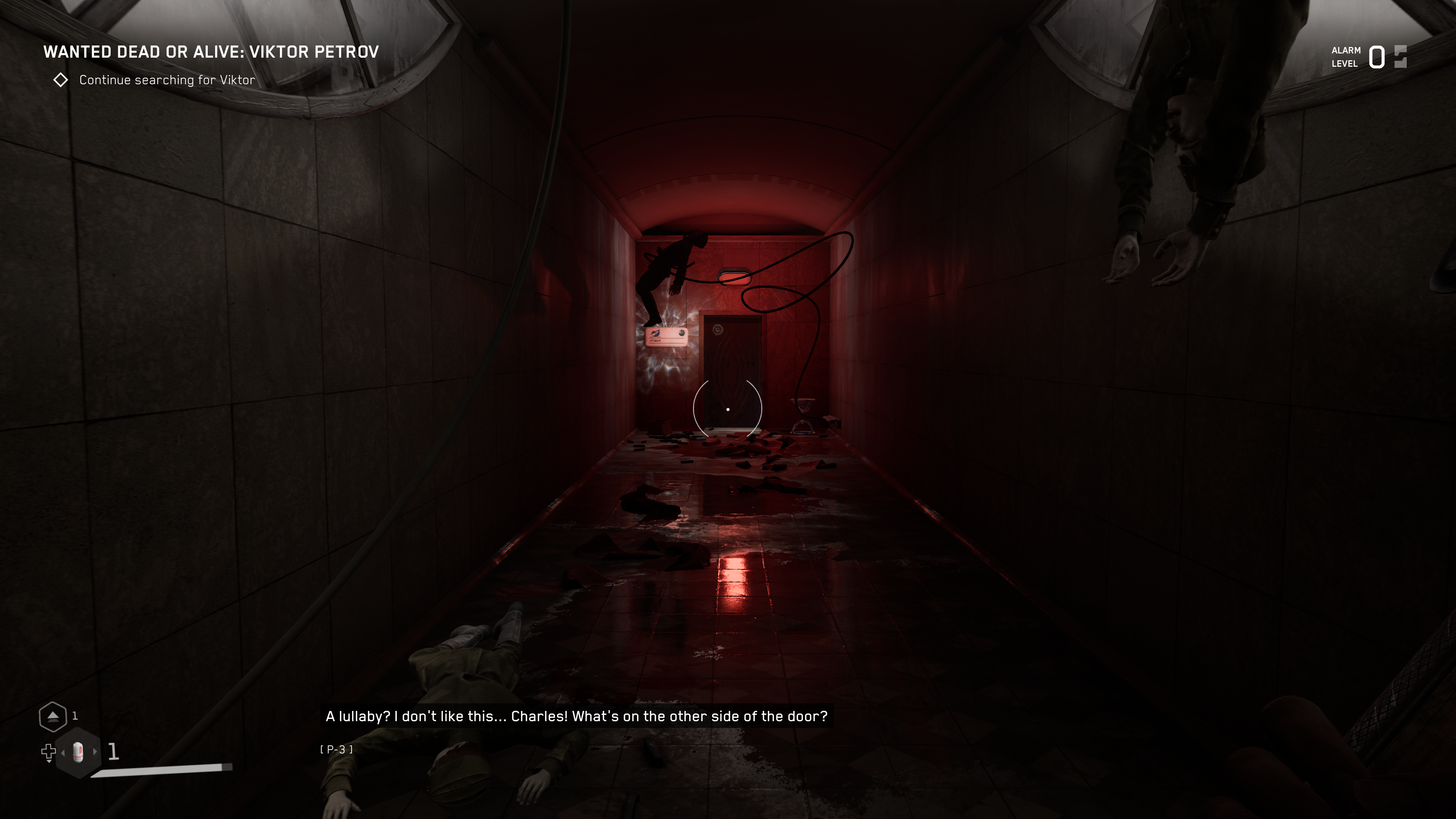 Atomic Heart review - a spooky dark corridor with an impaled body at the end glowing red, giving horror vibes