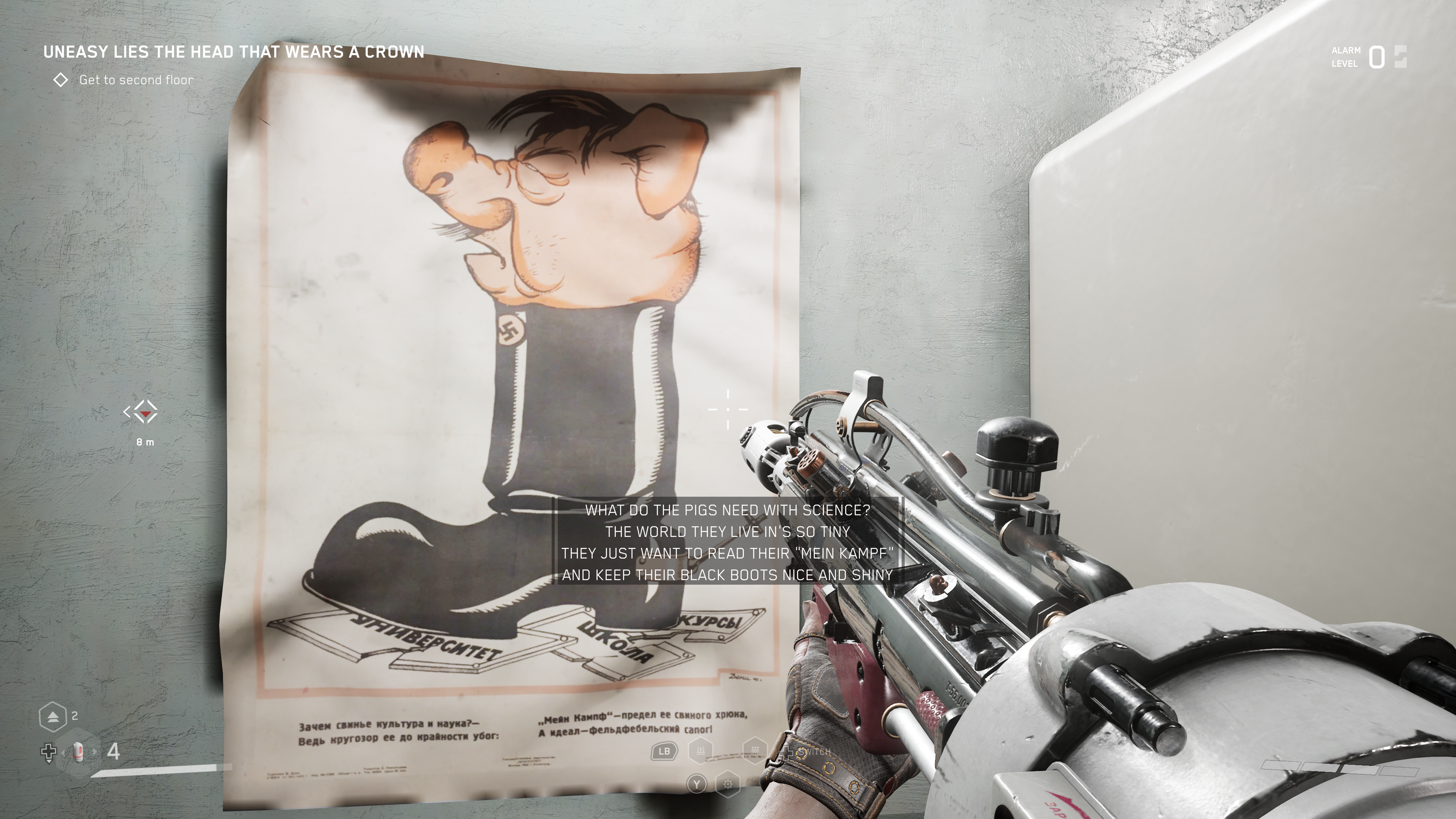 Atomic Heart review - a poster showing a pig's head charicatured as Hitler inside a black boot with a caption mocking fascists