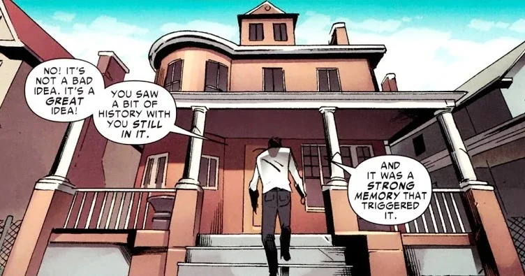 Interior comics panel of Peter Parker walking up to Aunt May's House