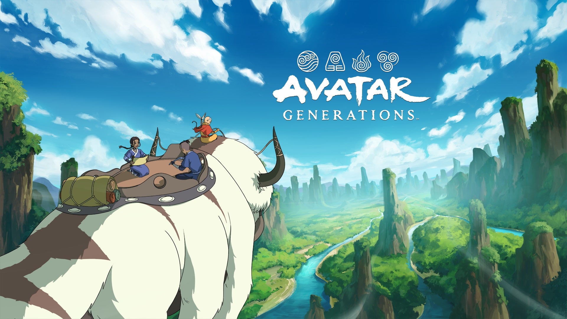 Key art for Avatar: Generations showing Aang, Katara, Sokka and Momo riding on Appa over an open space with rivers, grass, and rock formations.
