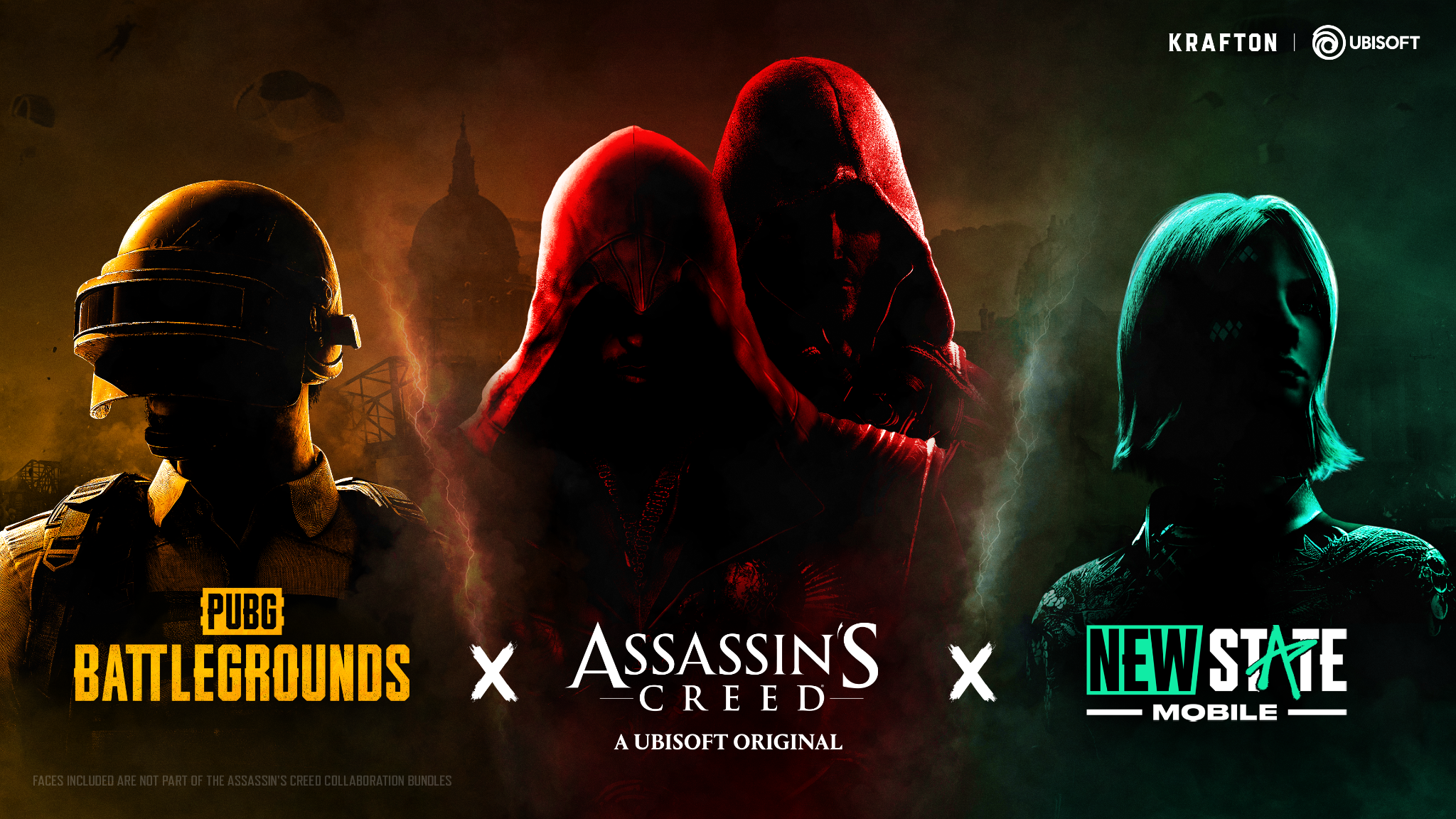 A graphic showing silhouettes of soldiers from PUBG and Assassins in peaked hoods