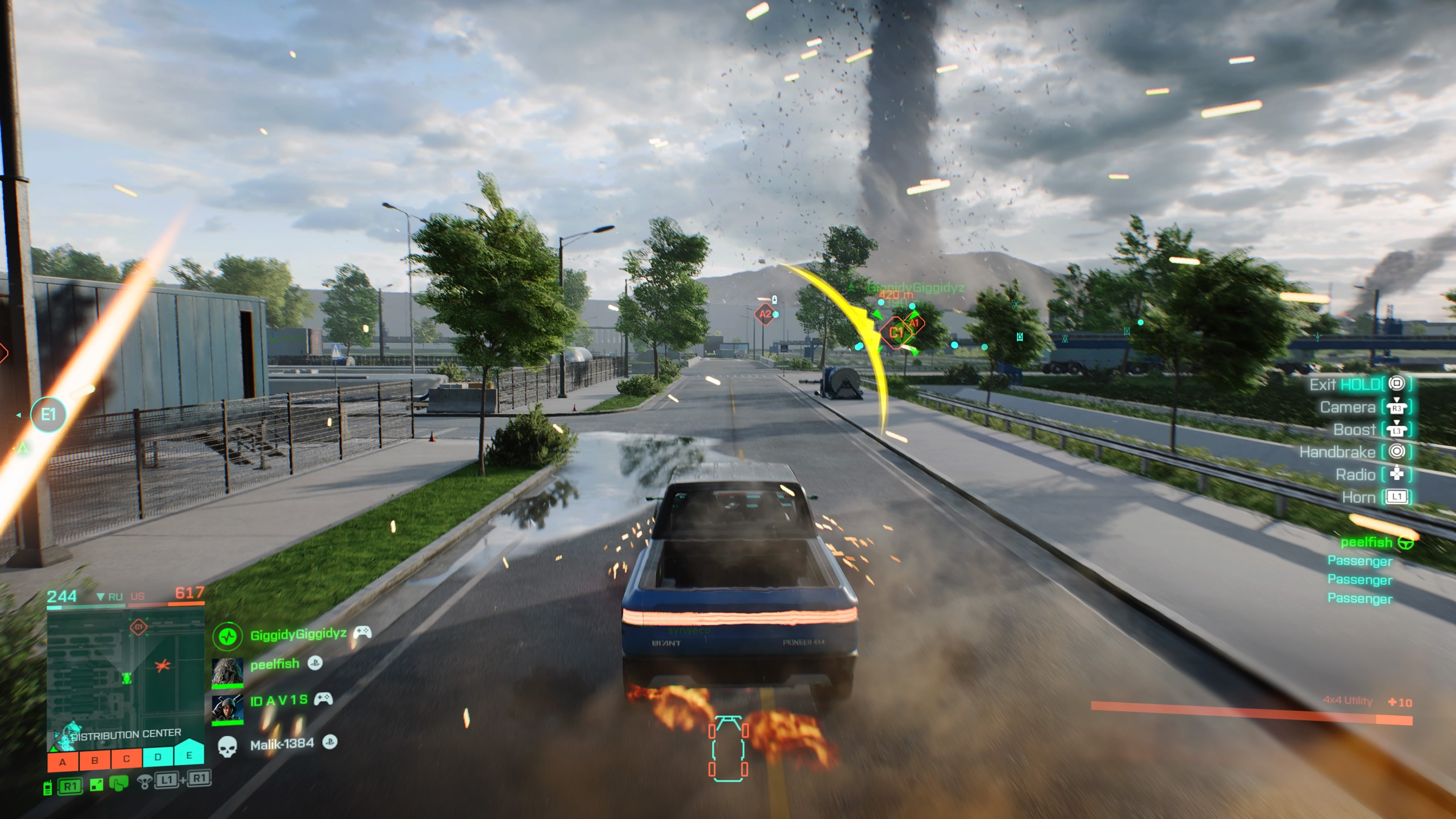 State of the Game Battlefield 2042 - driving a truck through explosions and a nearby tornado