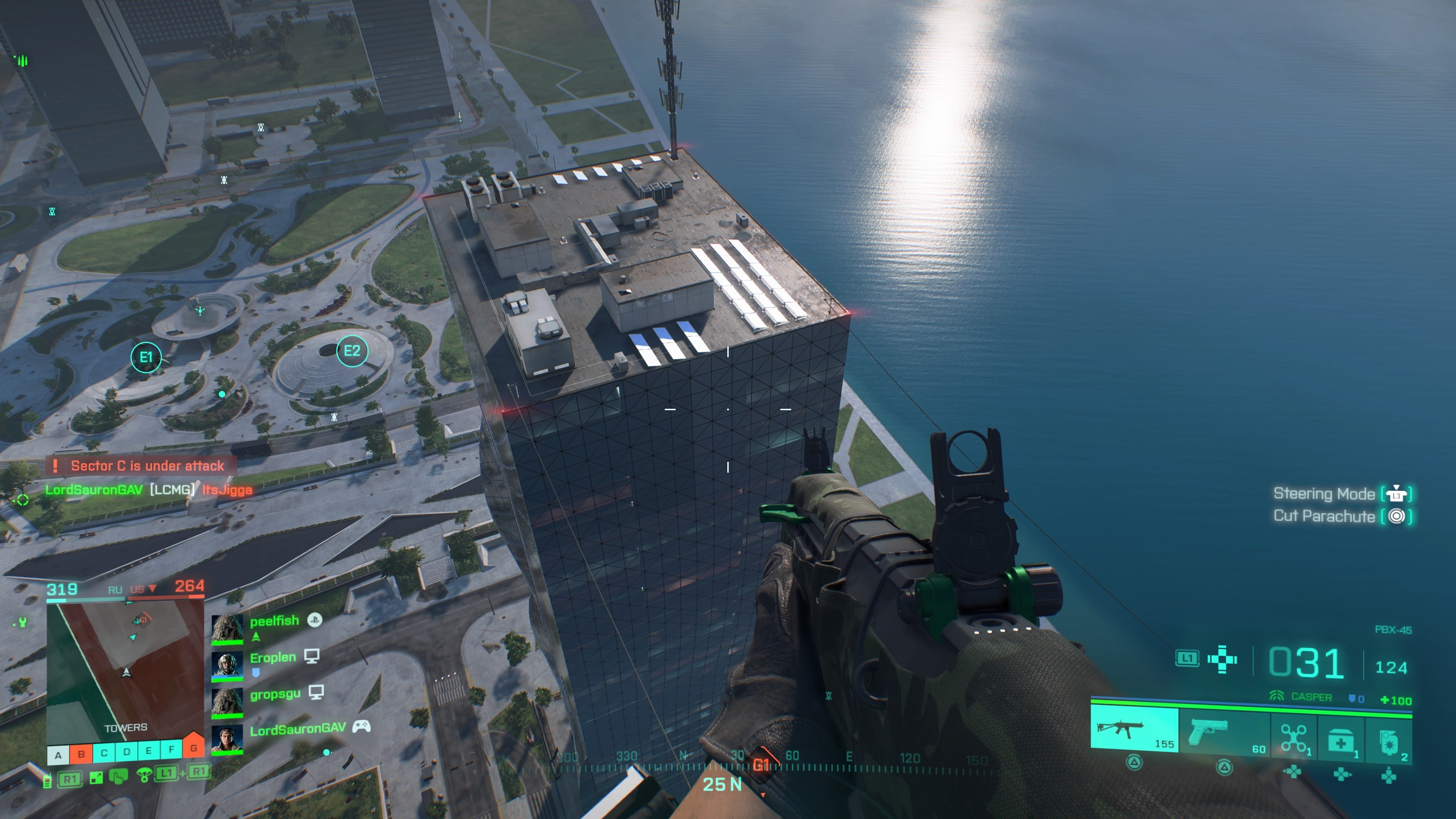 State of the Game Battlefield 2042 - aiming out of a helicopter towards the top of a skyscraper