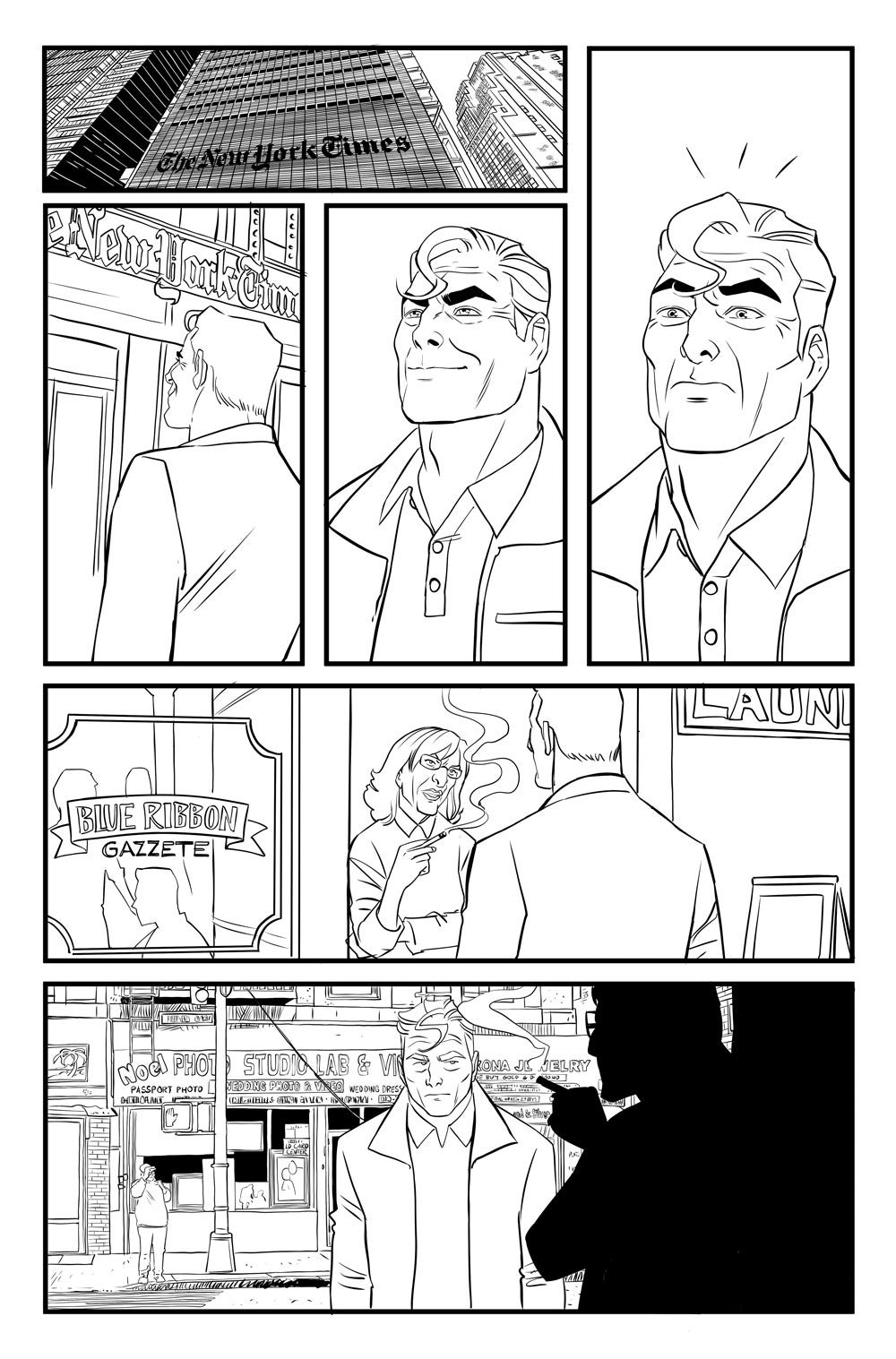 Black and white interior comics art featuring a man walking into a building