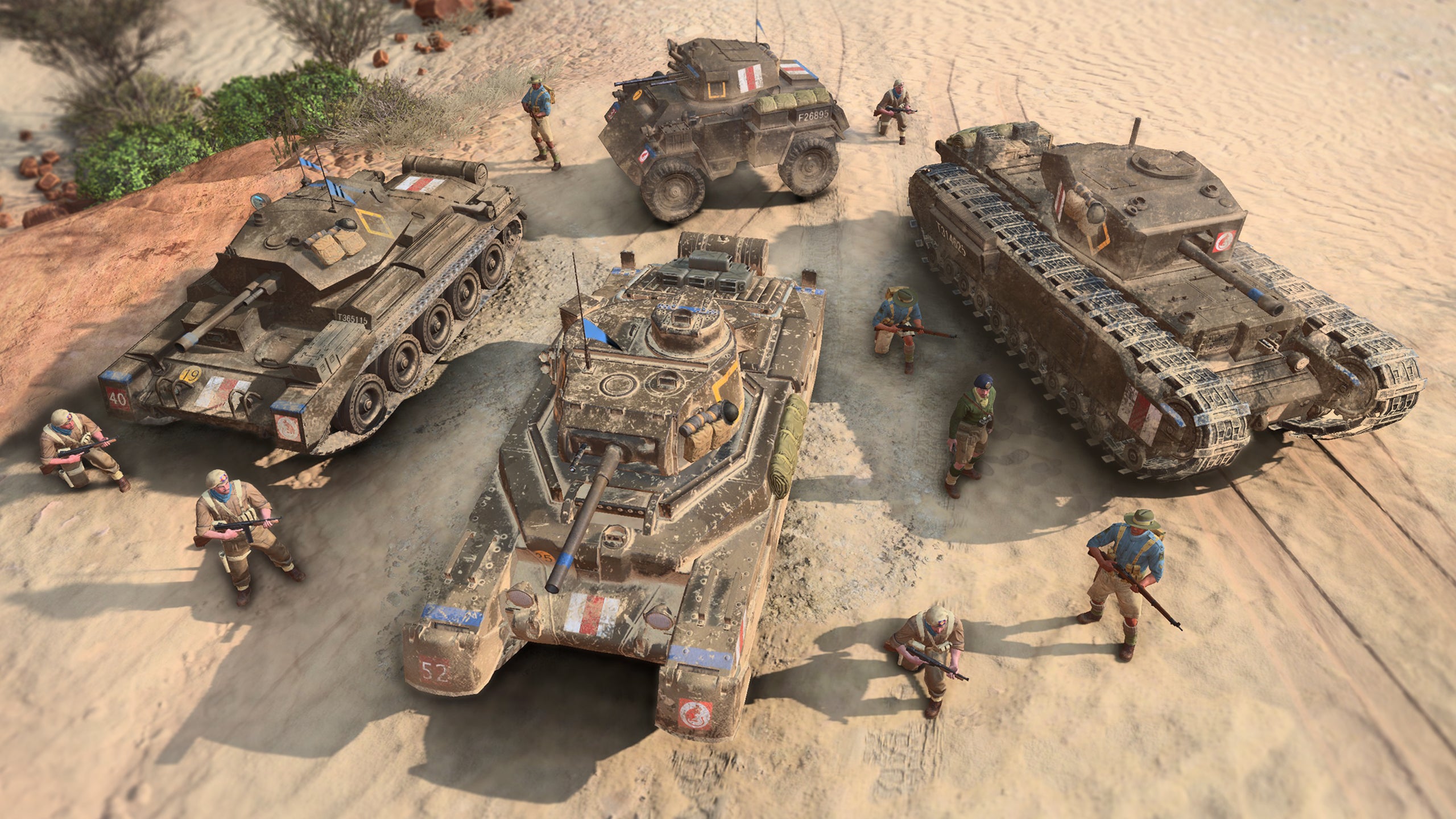 Avance de Company of Heroes 3: una vista de cuatro tanques británicos y algunas unidades de infantería en el desierto