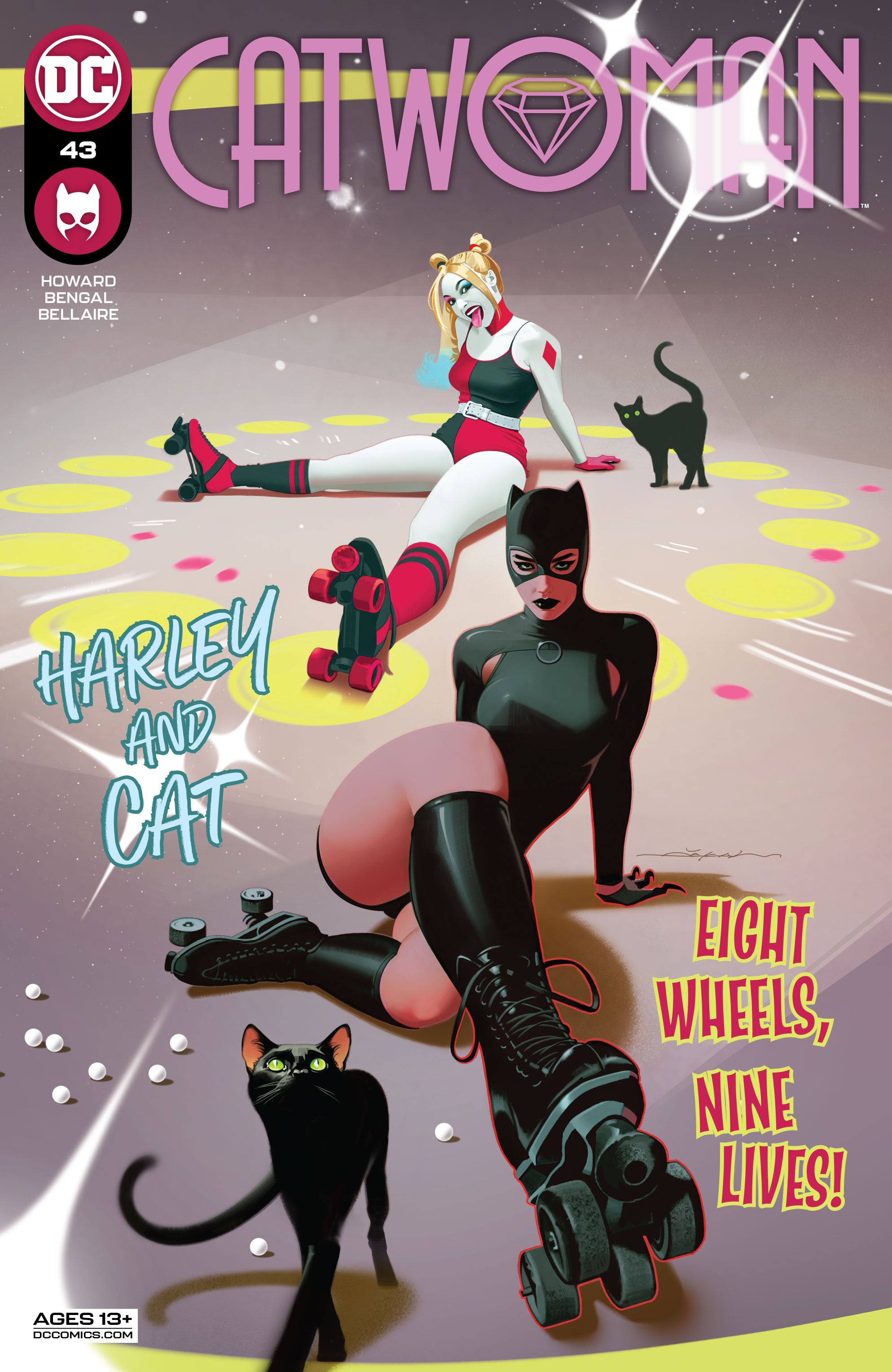 Catwoman, Harley Quinn, and a cat sitting down on a floor with skates on. The cover to Catwoman #43