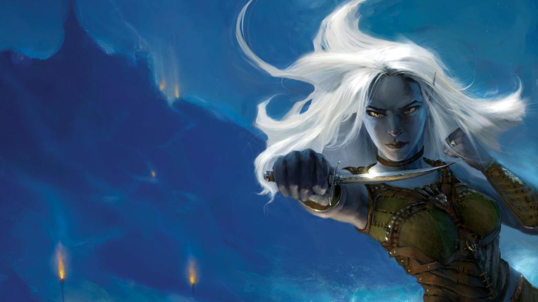 A dark elf with brilliant white hair holds a dagger up to the camera while a midnight-blue, silhouetted city sprawls behind her.