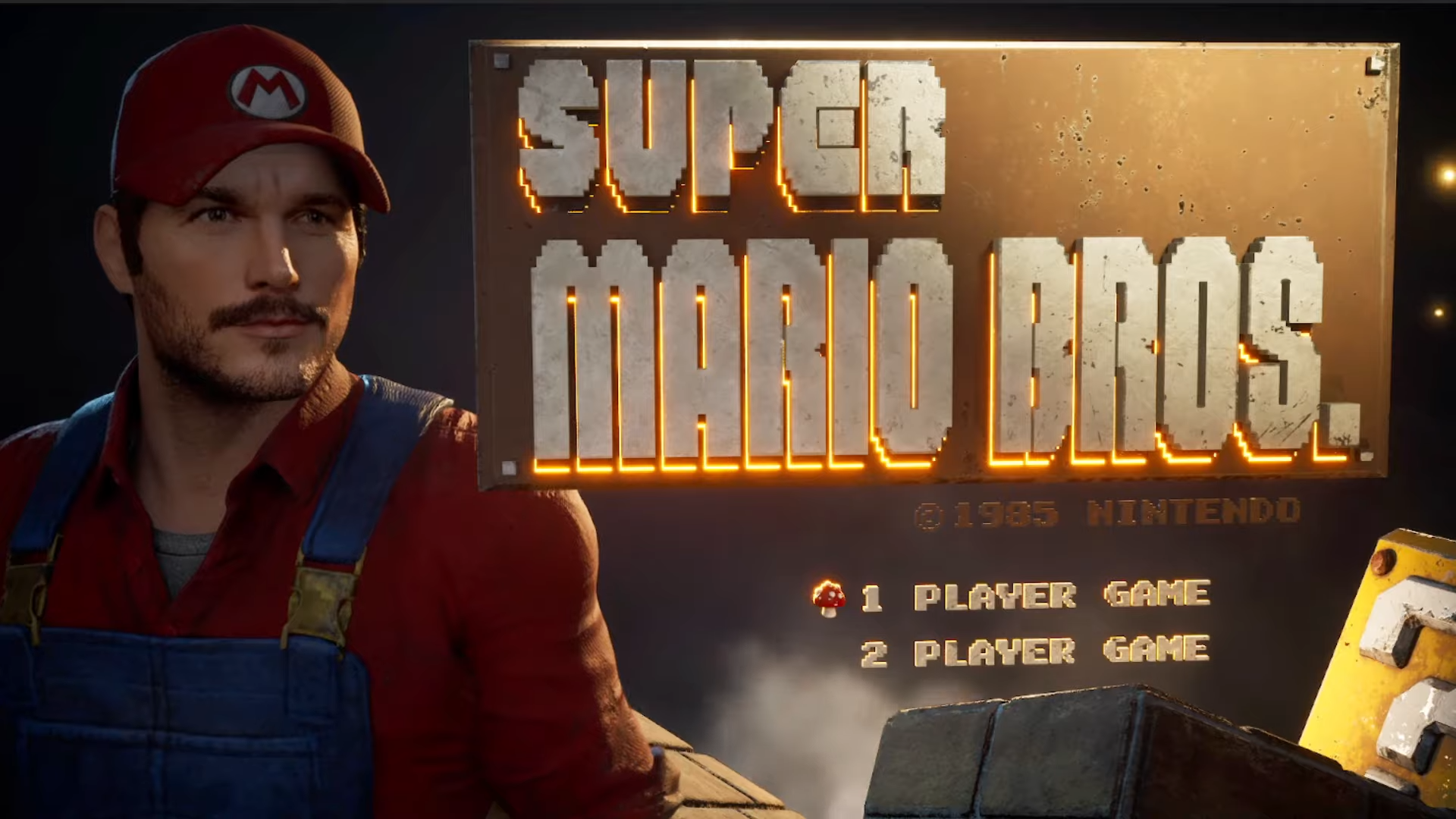 Super Mario realistic remake title screen with Chris Pratt