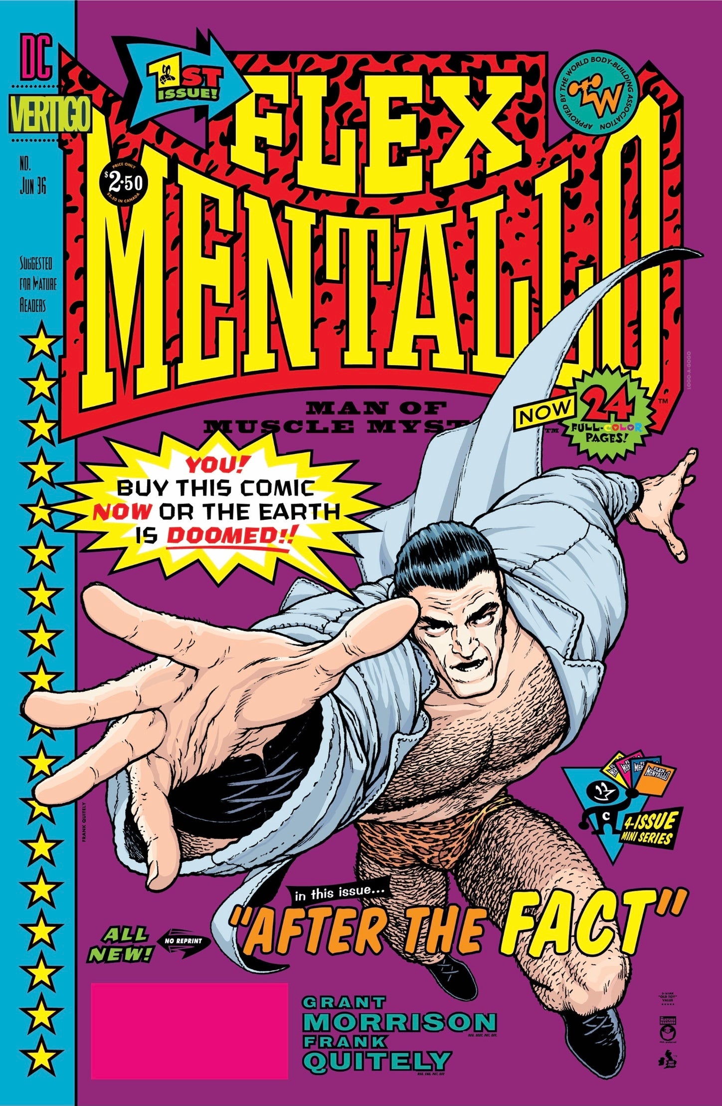 DC Comics. Flex Mentallo issue 1 cover, featuring Flex Mentallo reaching out towards the reader