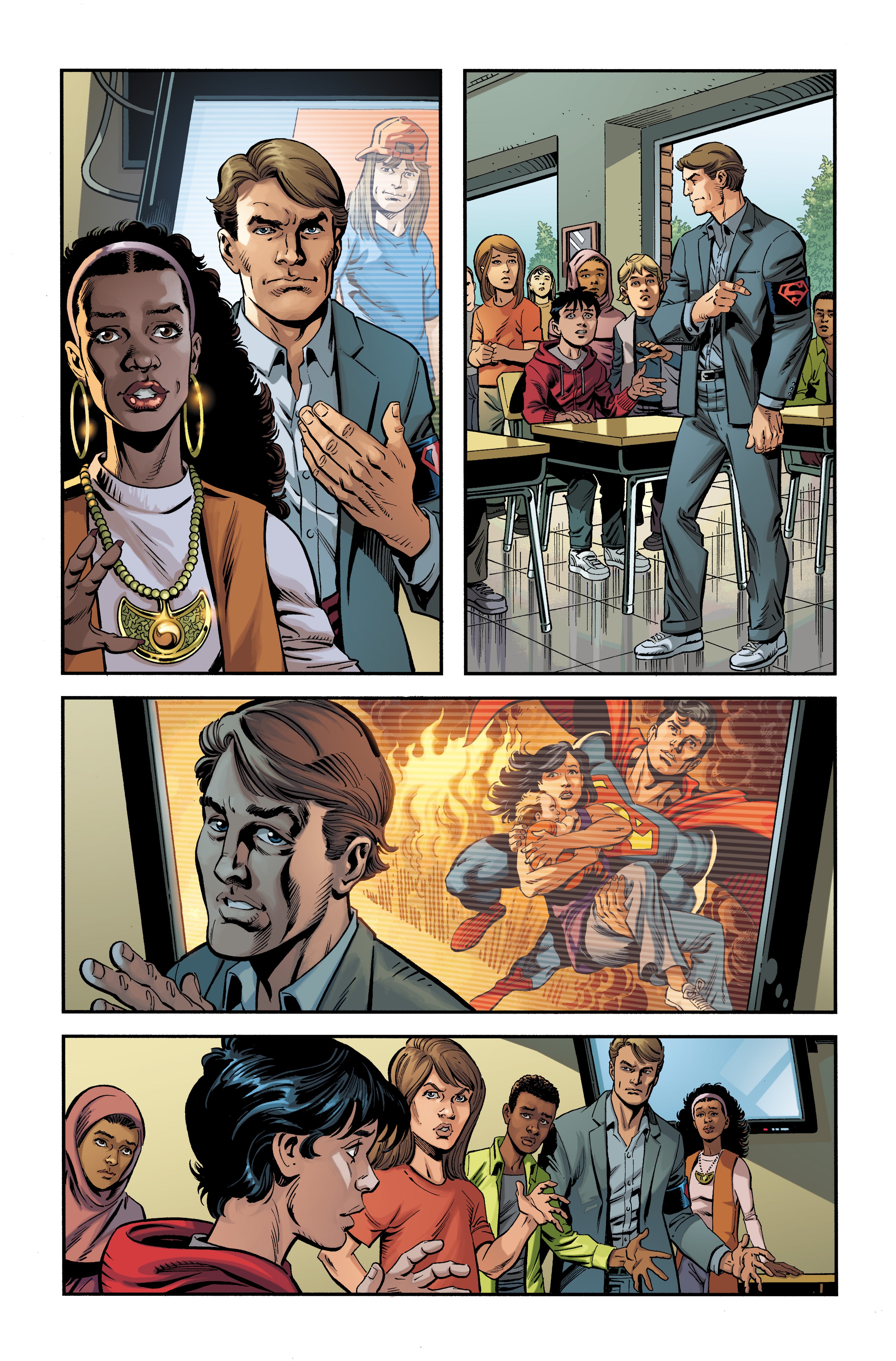 Interior comics art featuring people looking at a screen featuring Superman