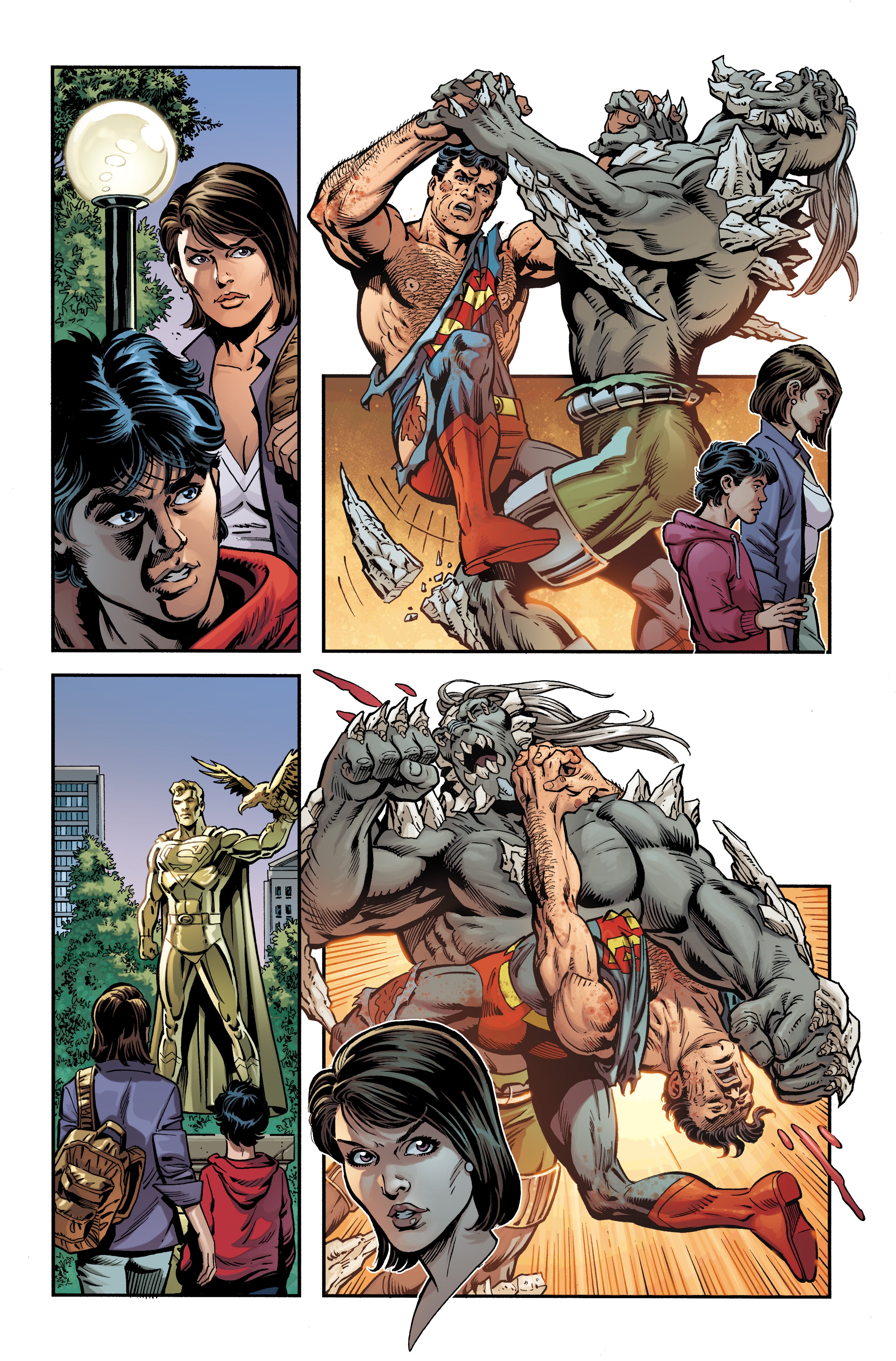 Interior comics page featuring Superman fighting as people watch on