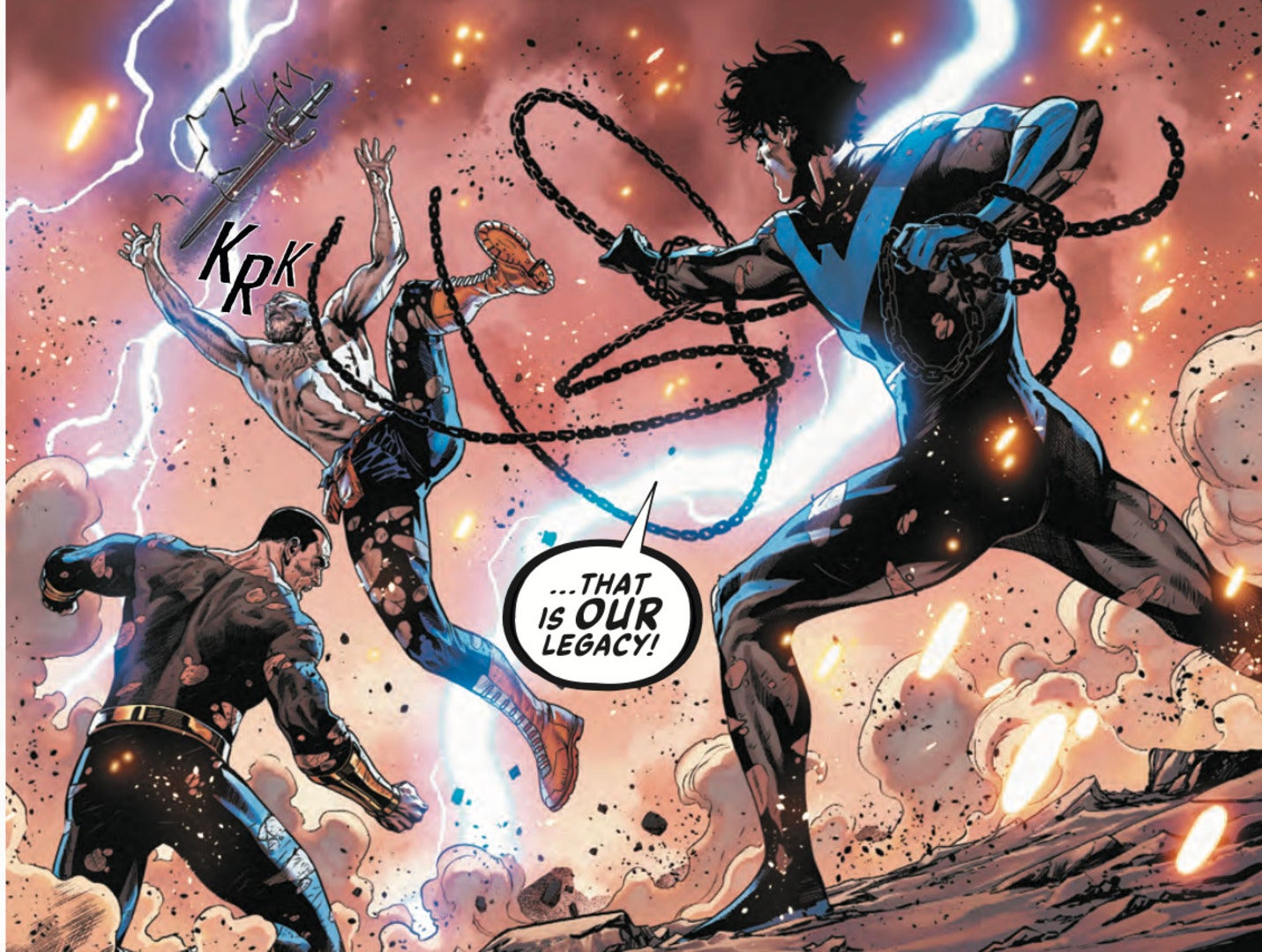 Nightwing hits Deathstroke with chains