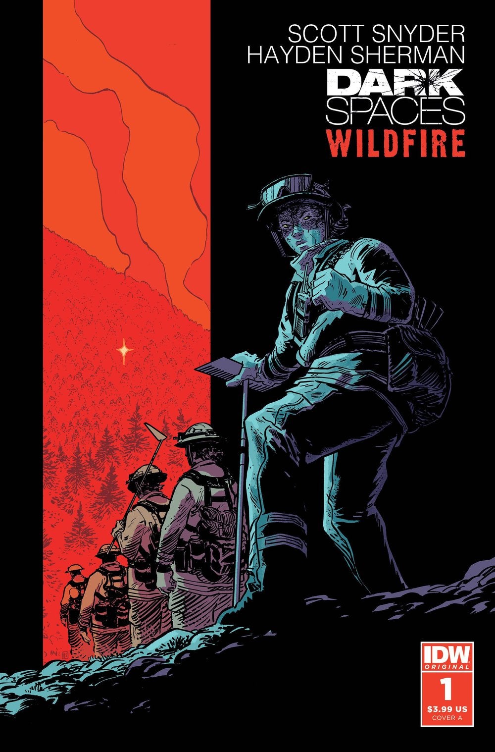 A line of firefighters. Dark Spaces Wildfire #1 cover by Hayden Sherman