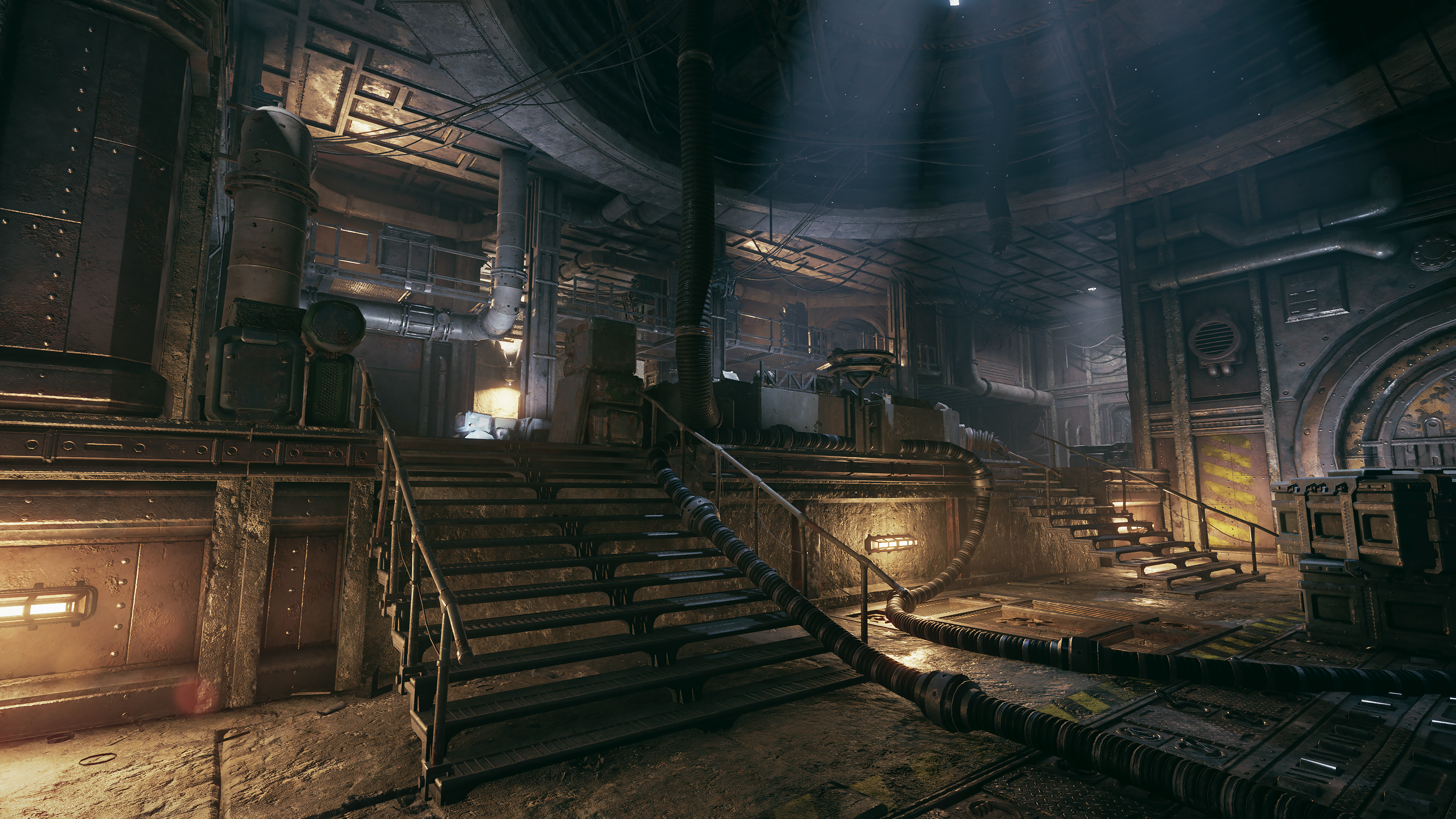 Darktide preview - a dark space with industrial stairs and pipes