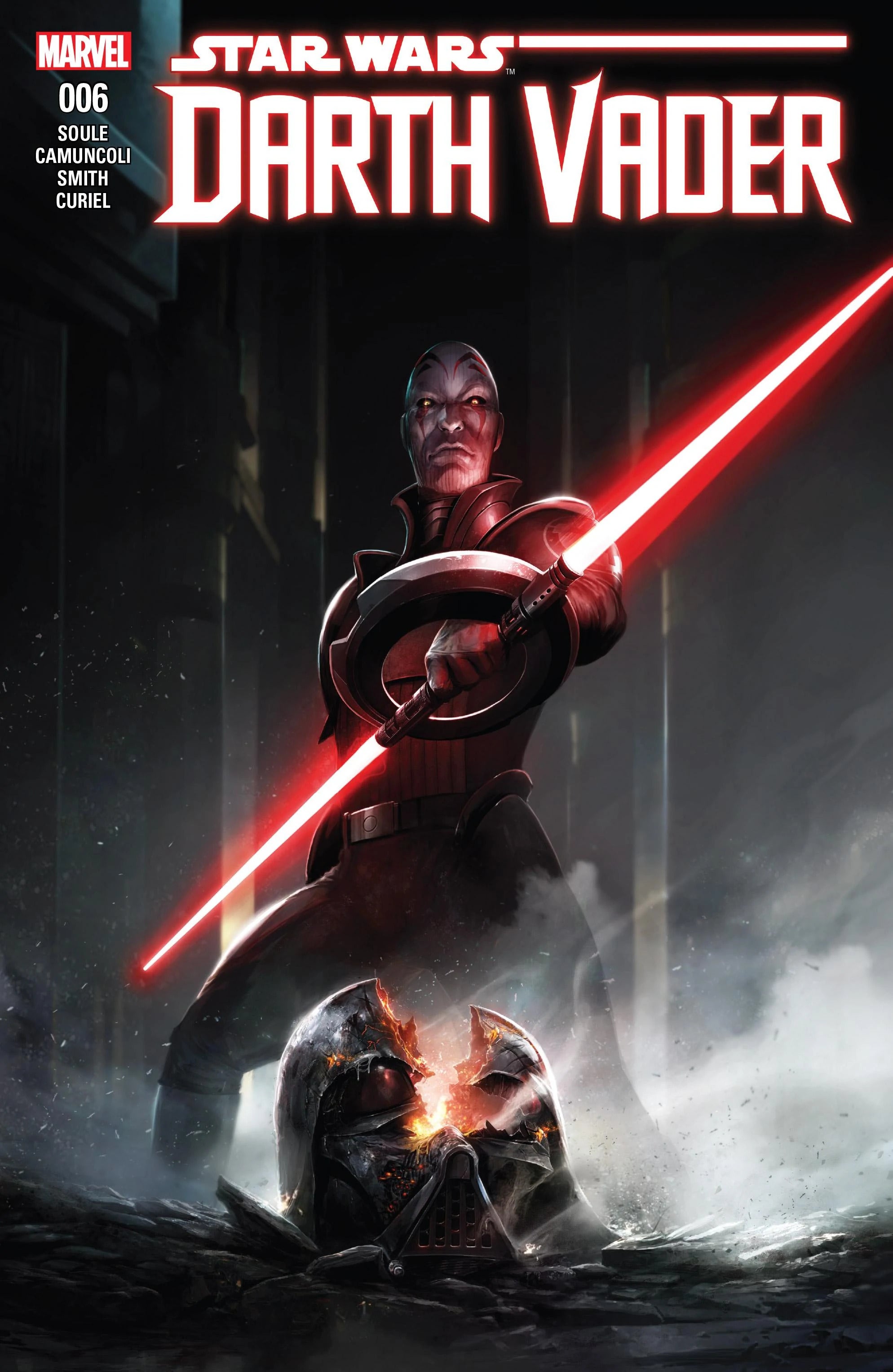 Star Wars Darth Vader 2017 comic cover, The Grand Inquisitor is in the center holding a red dual-ended lightsaber with Vader's helmet split in half on the ground