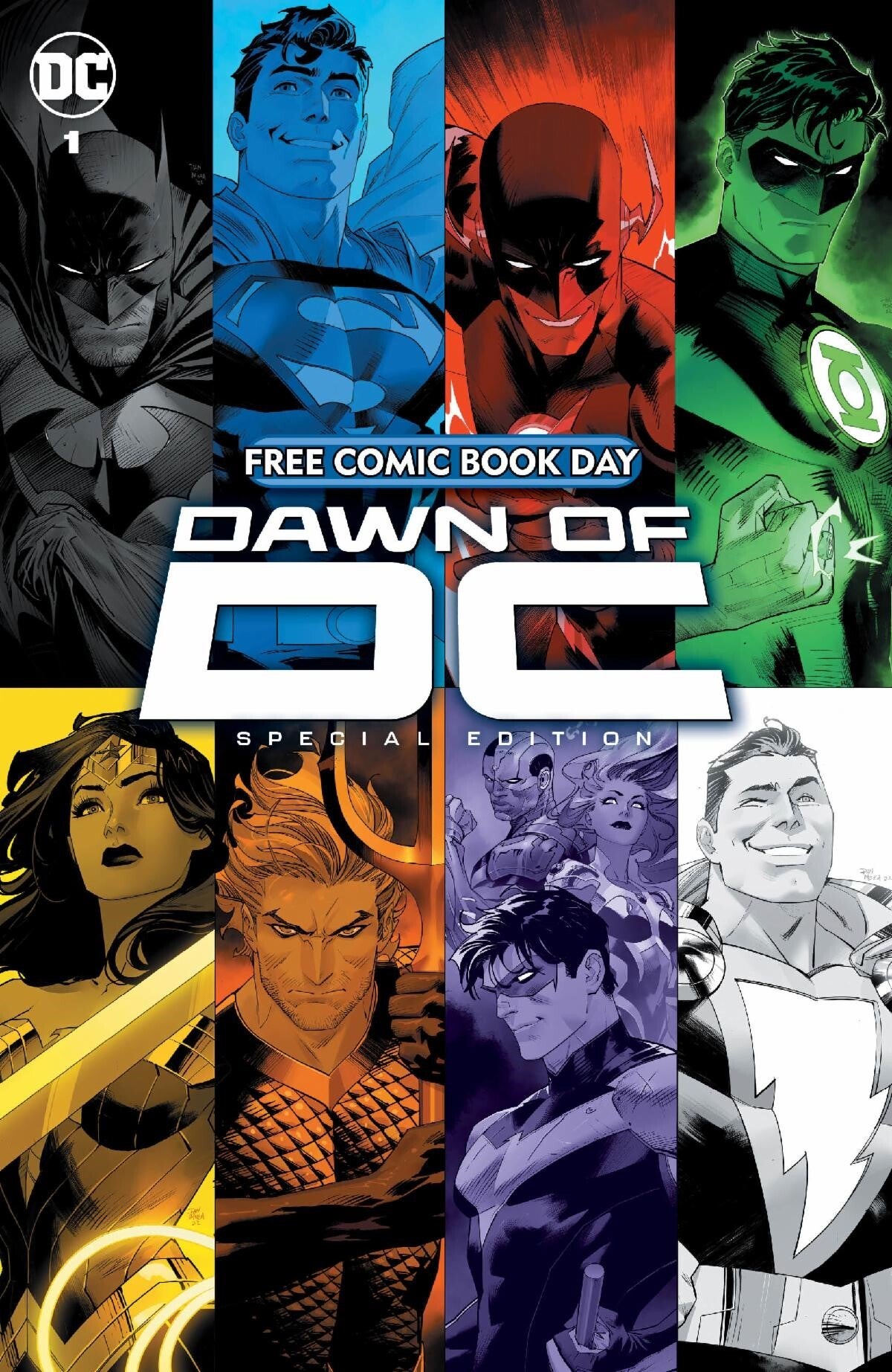 Cover of Dawn of DC Free Comic Book Day comic featuring individual color toned panels of Batman, Superman, Flash, Green Lantern, Wonder Woman