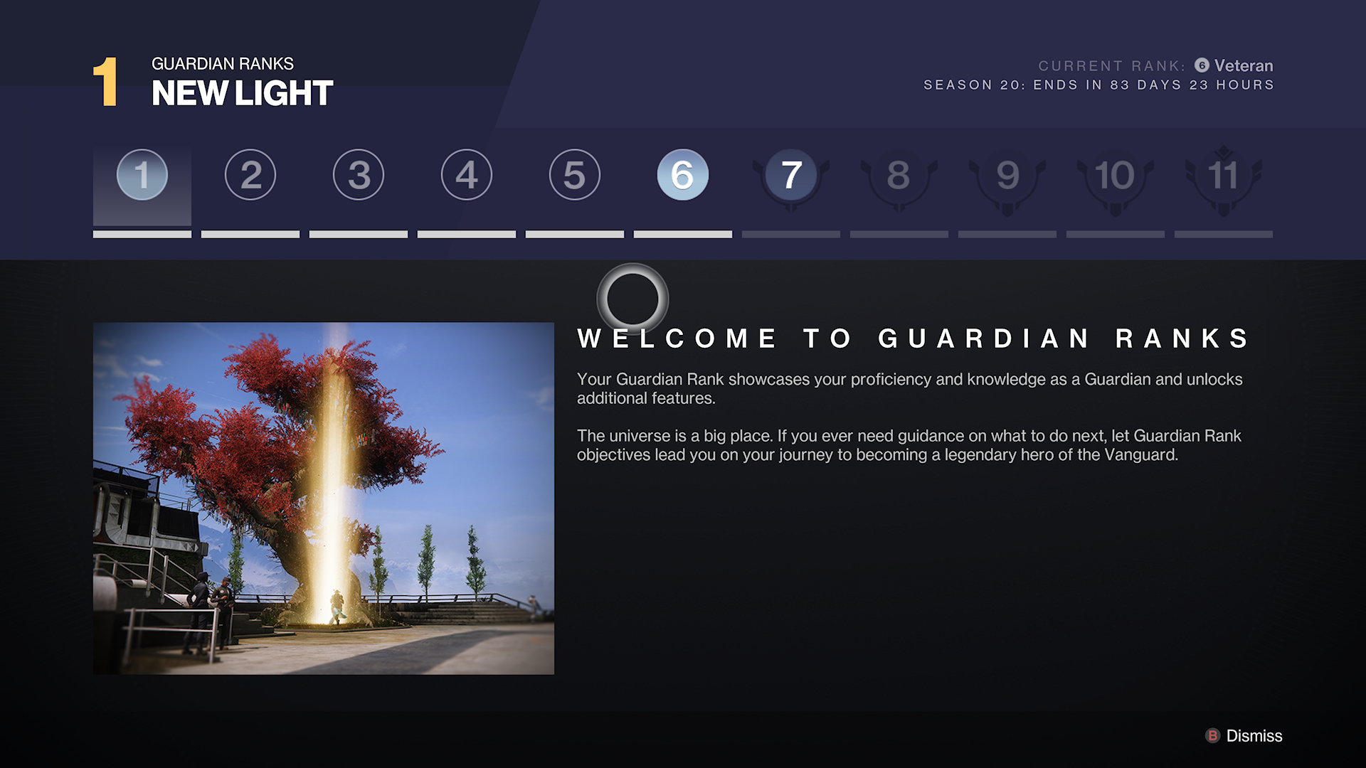 Destiny 2 Lightfall - Guardian Ranks välkomstskärm som visar 11 nivåer