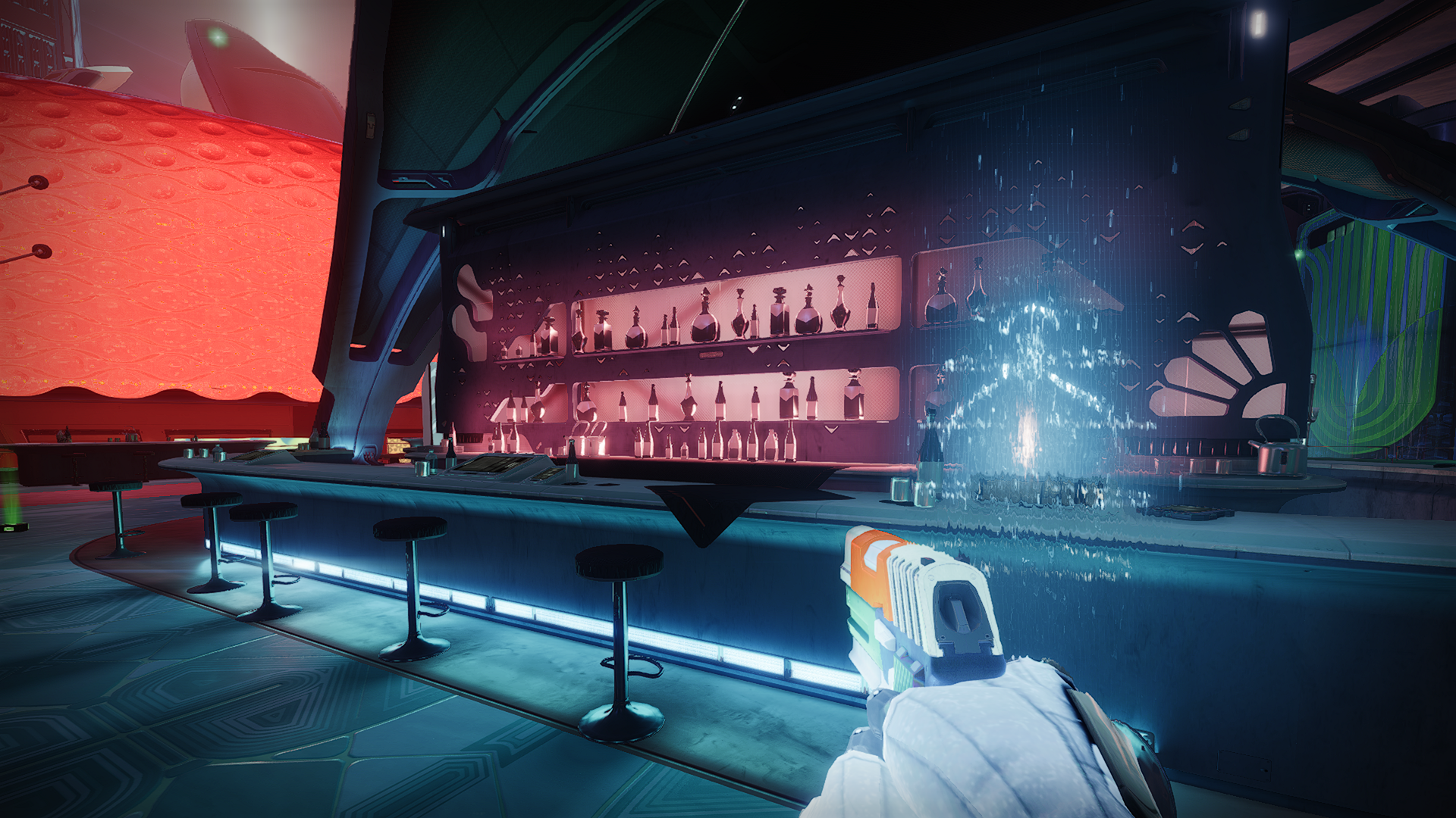 Destiny 2 Lightfall - a deserted open cocktail bar on Neomuna