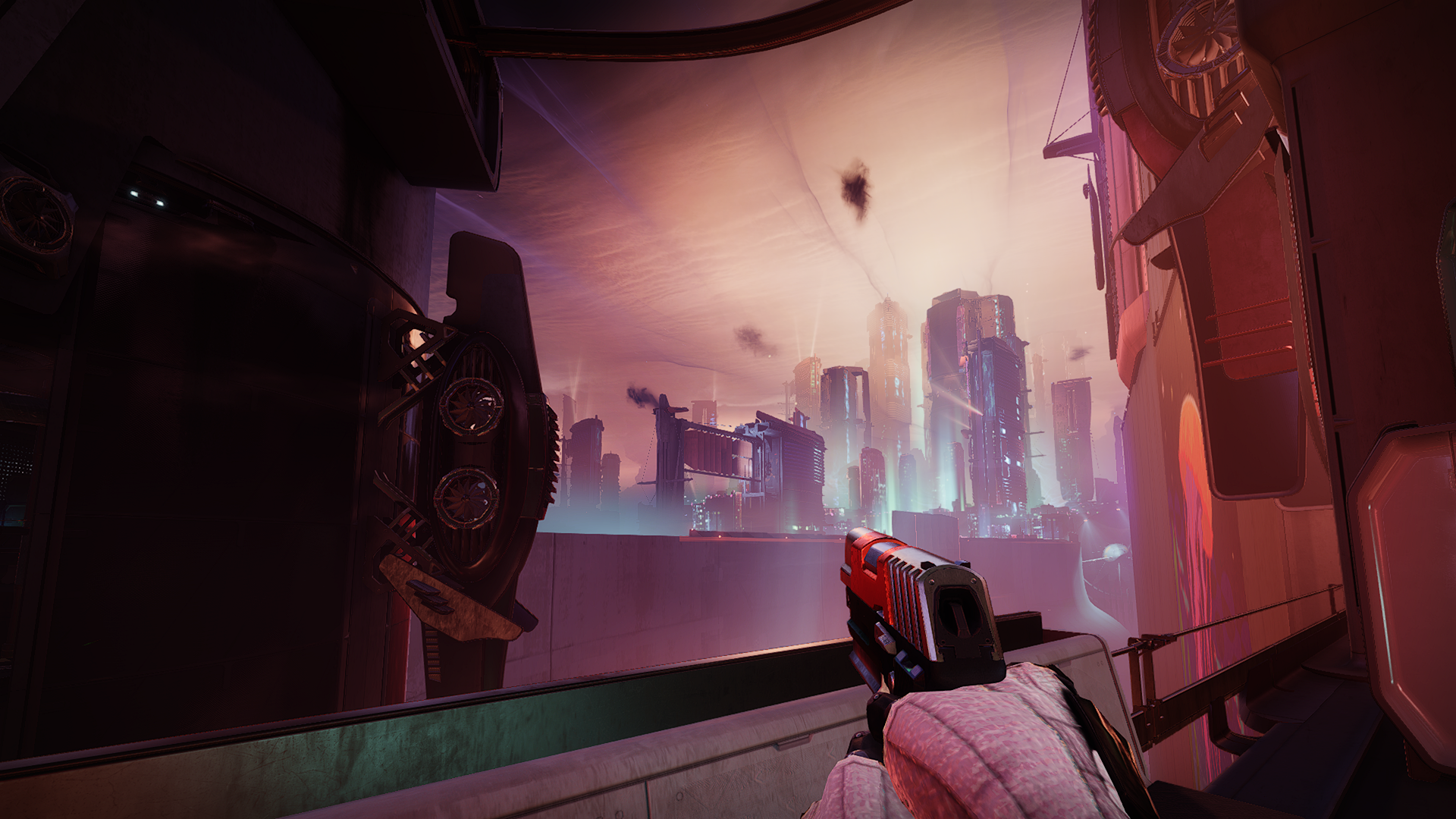 Destiny 2 Lightfall - the evocative, pink and peach skybox of Neomuna