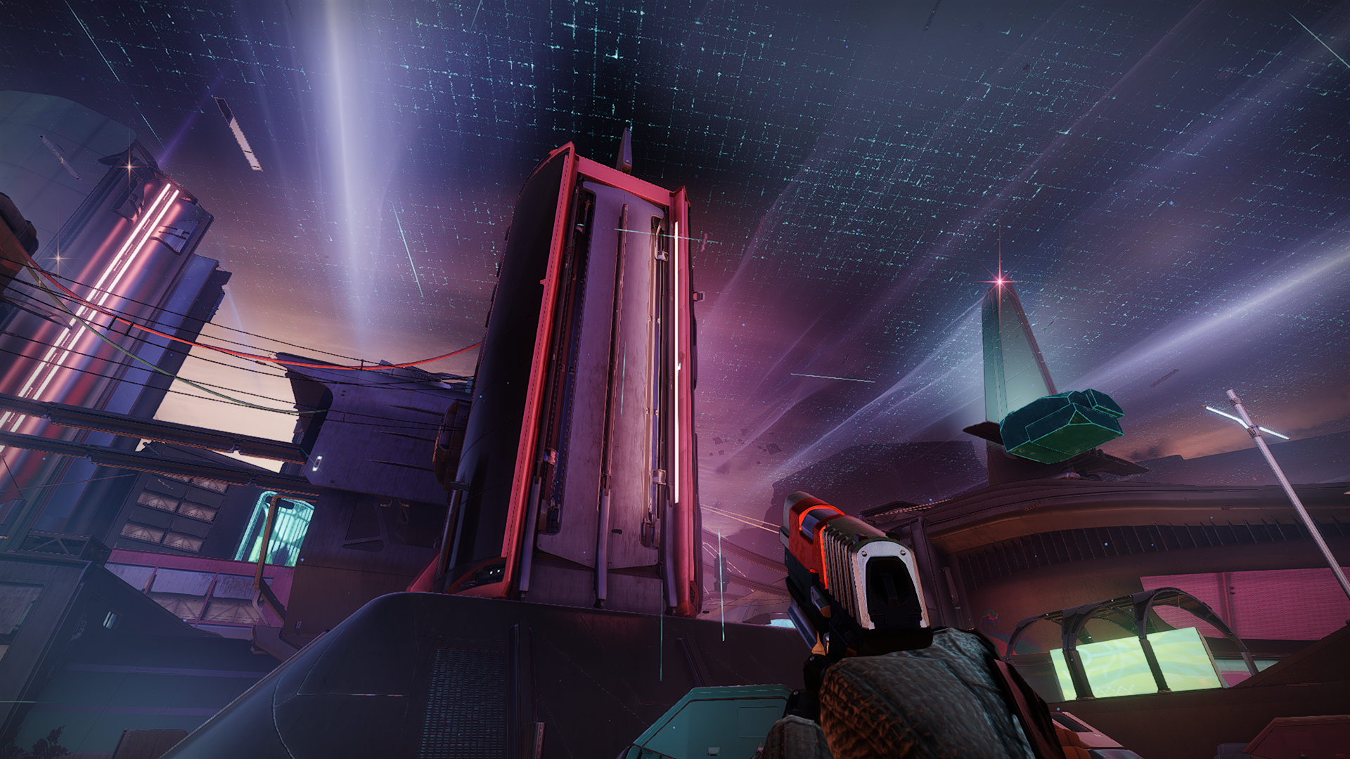 Destiny 2 Lightfall - skybox Neomuna lain yang menampilkan gedung pencakar langit berwarna merah muda neon di malam hari