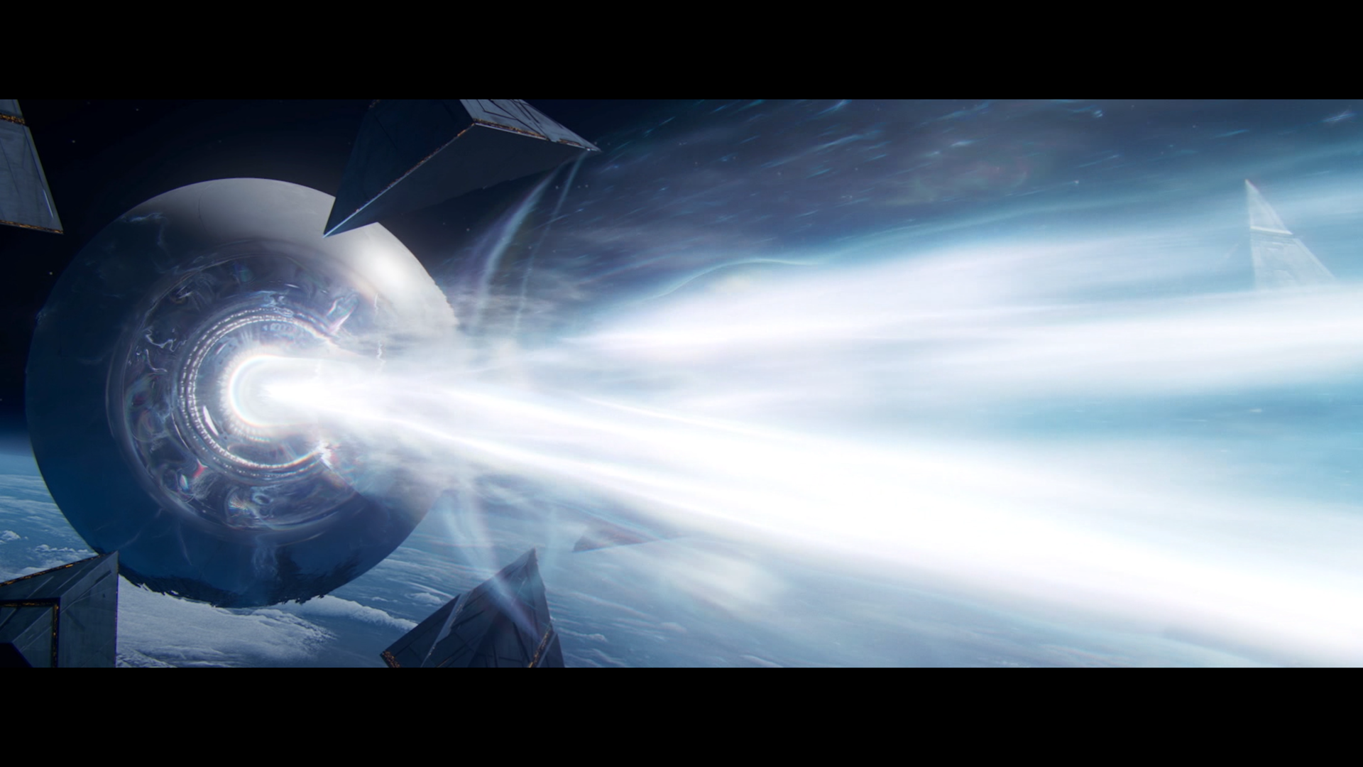 Destiny 2 Lightfall - Gezgin'in Ölüm Yıldızı gibi bir ışın ateşlediği bir ara sahne