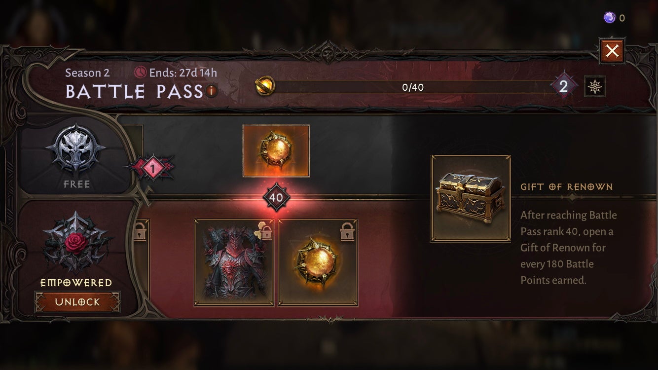 Diablo Immortal Battle Pass Season 2 rewards including rank 40 Empowered rewards - 91