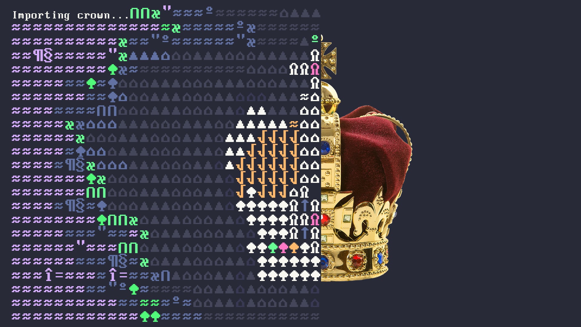 An image of a velvet-lined crown, but half of it is represented in ASCII.