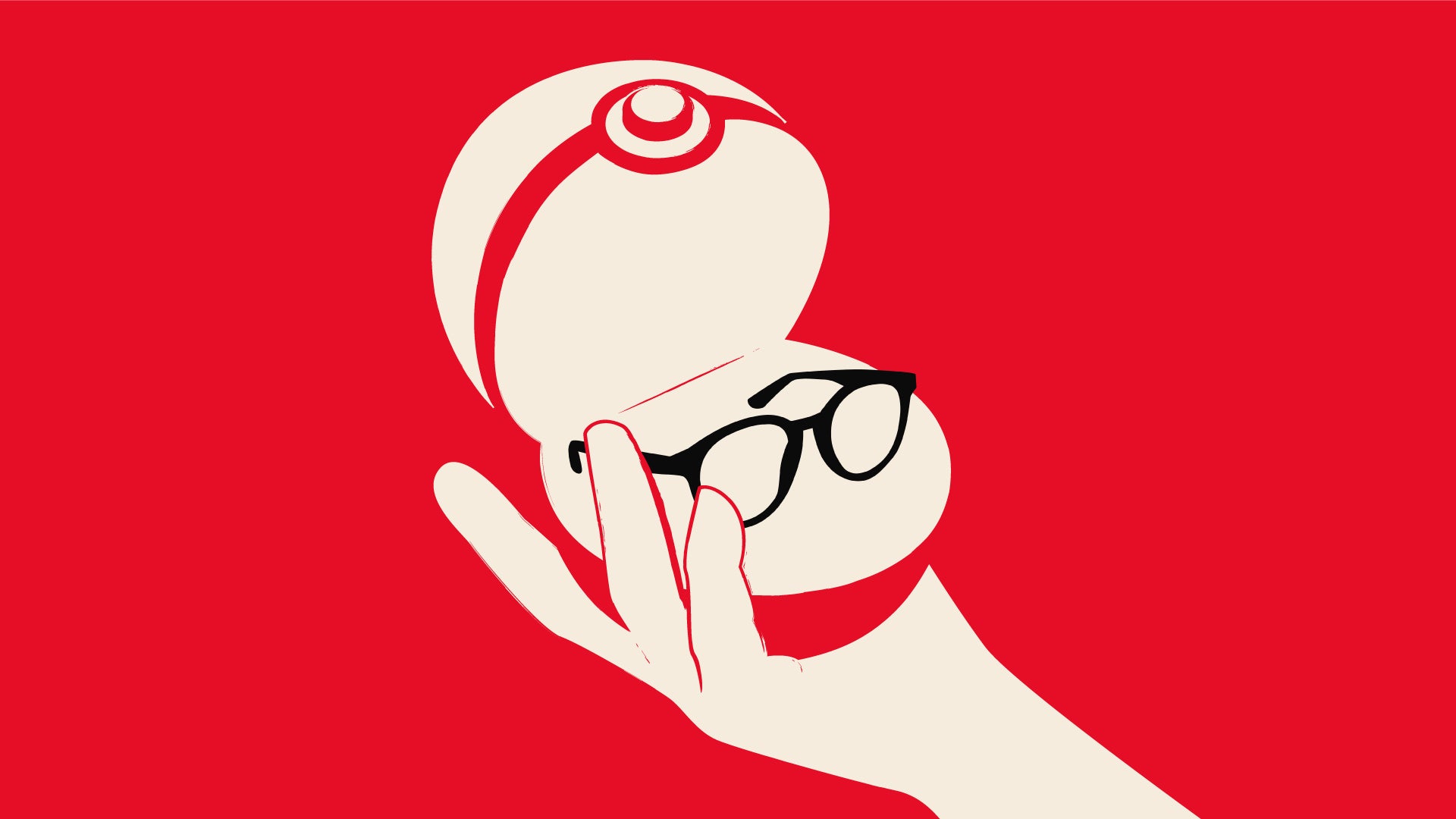 An illustration showing a hand holding an open pokeball, and inside is a pair of black-rimmed spectacles. Most of the image is red, with only some negative-image-white for the hand and details of the pokeball.