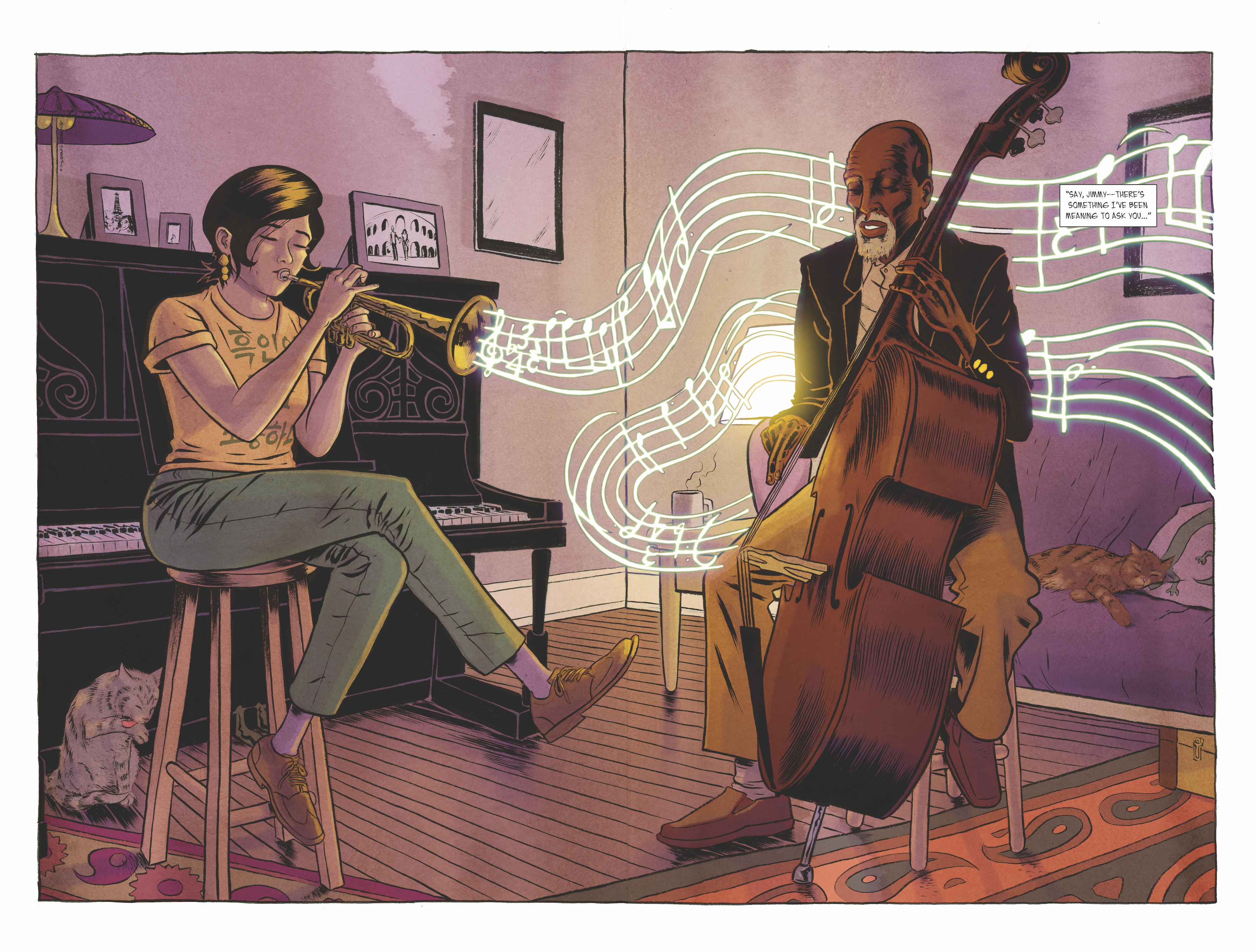 Two page spread featuring Sam and Jimmy playing music together