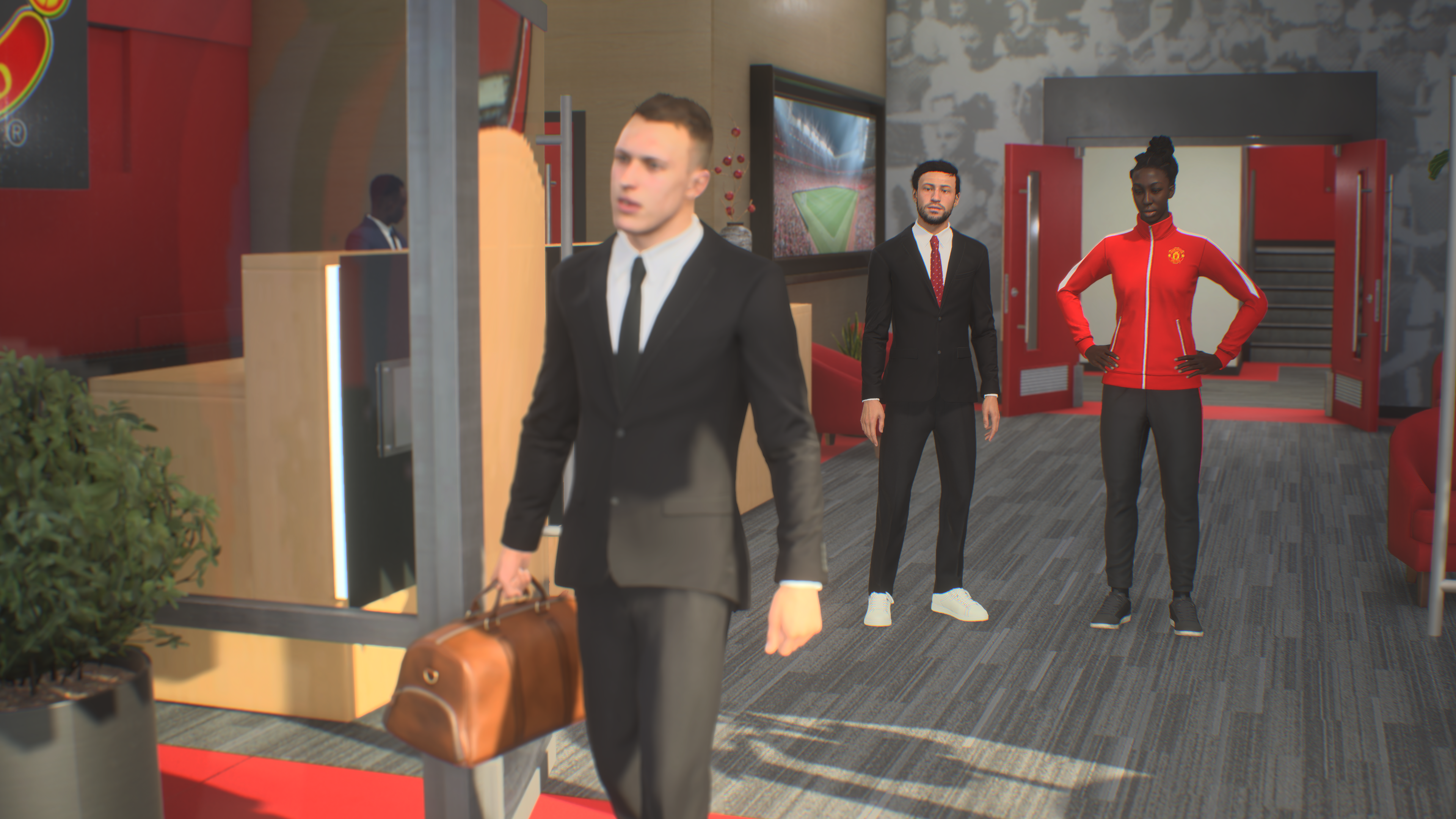 FIFA 23 review - cutscene showing Phil Jones walking out of the training ground looking sad as the manager and coach look on
