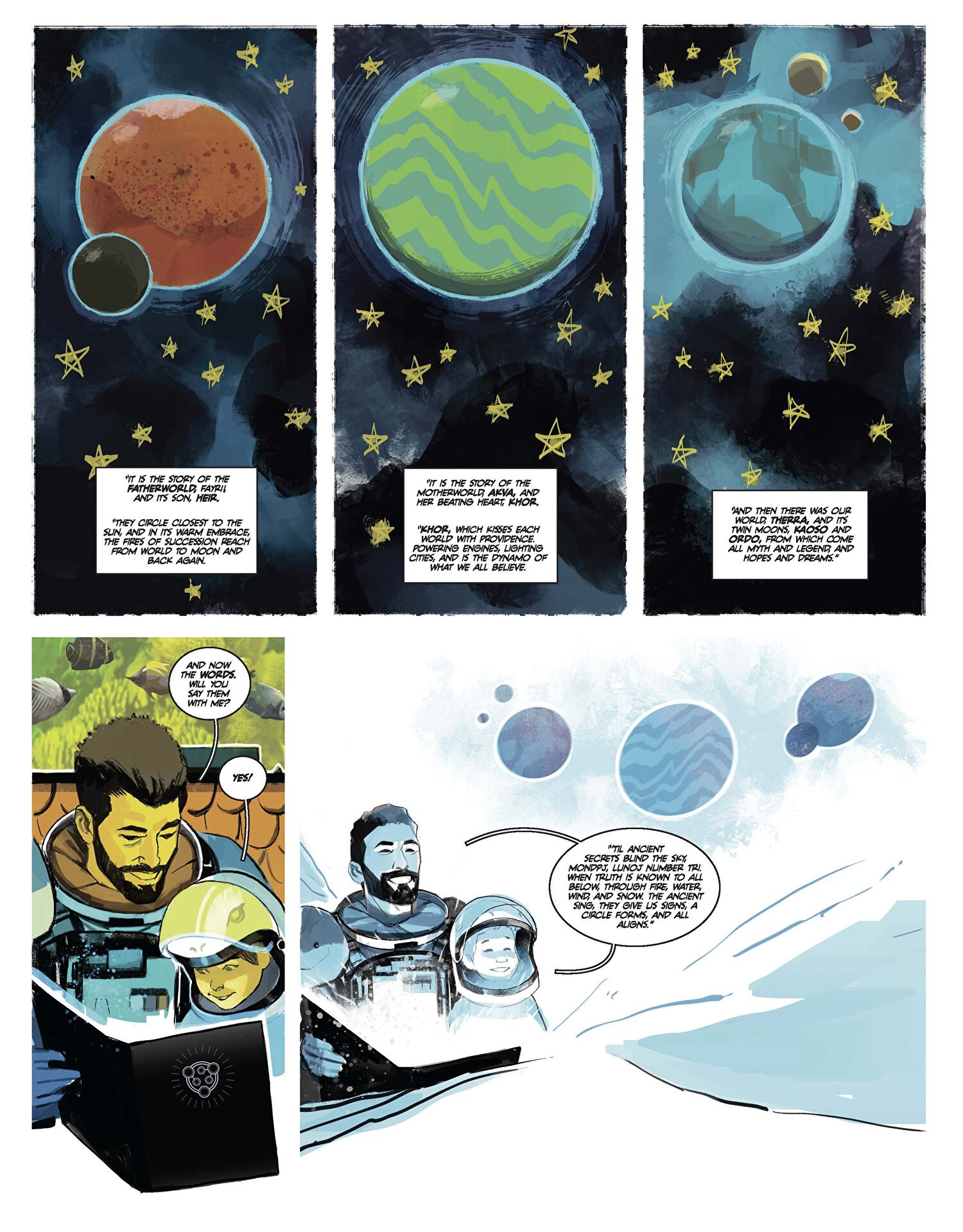 Interior page from Foundations featuring planets and a father reading to a child