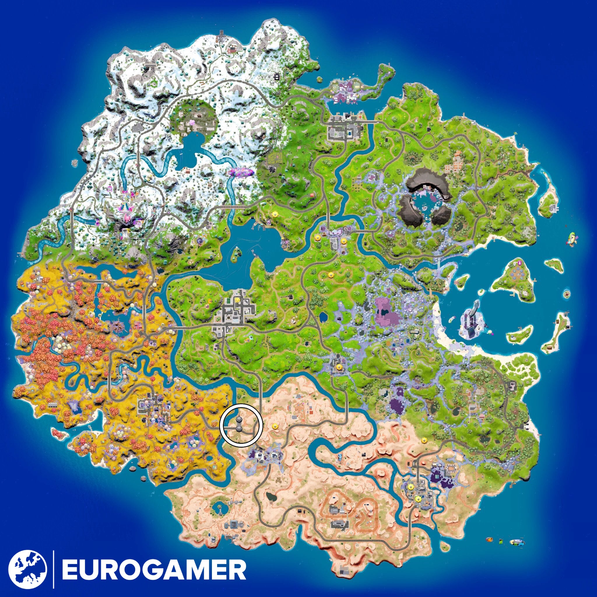 The Driftwood location marked with a white circle on the Fortnite Chapter 3 Season 4 map