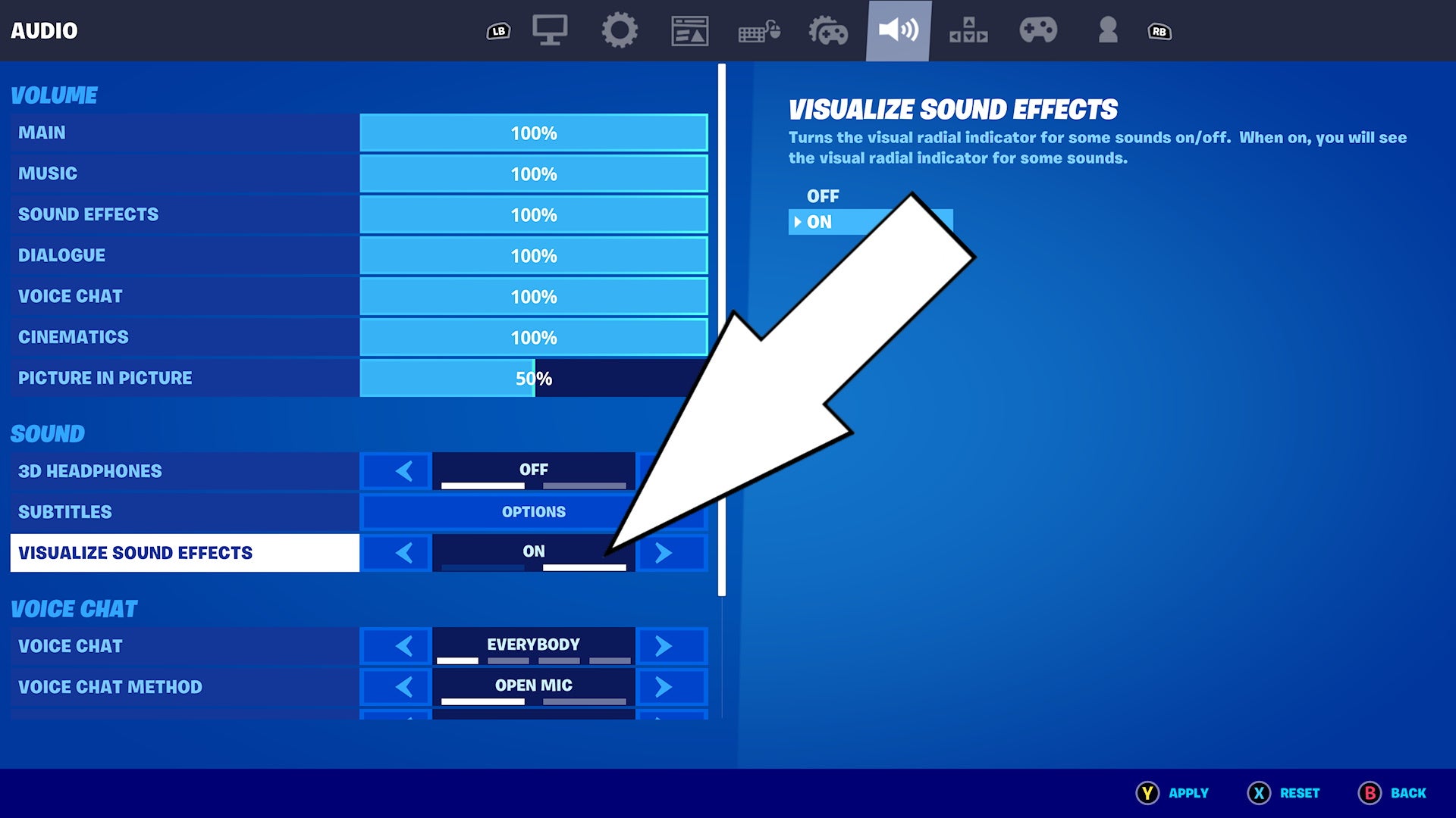 Fortnite Visualize Sound Effects option