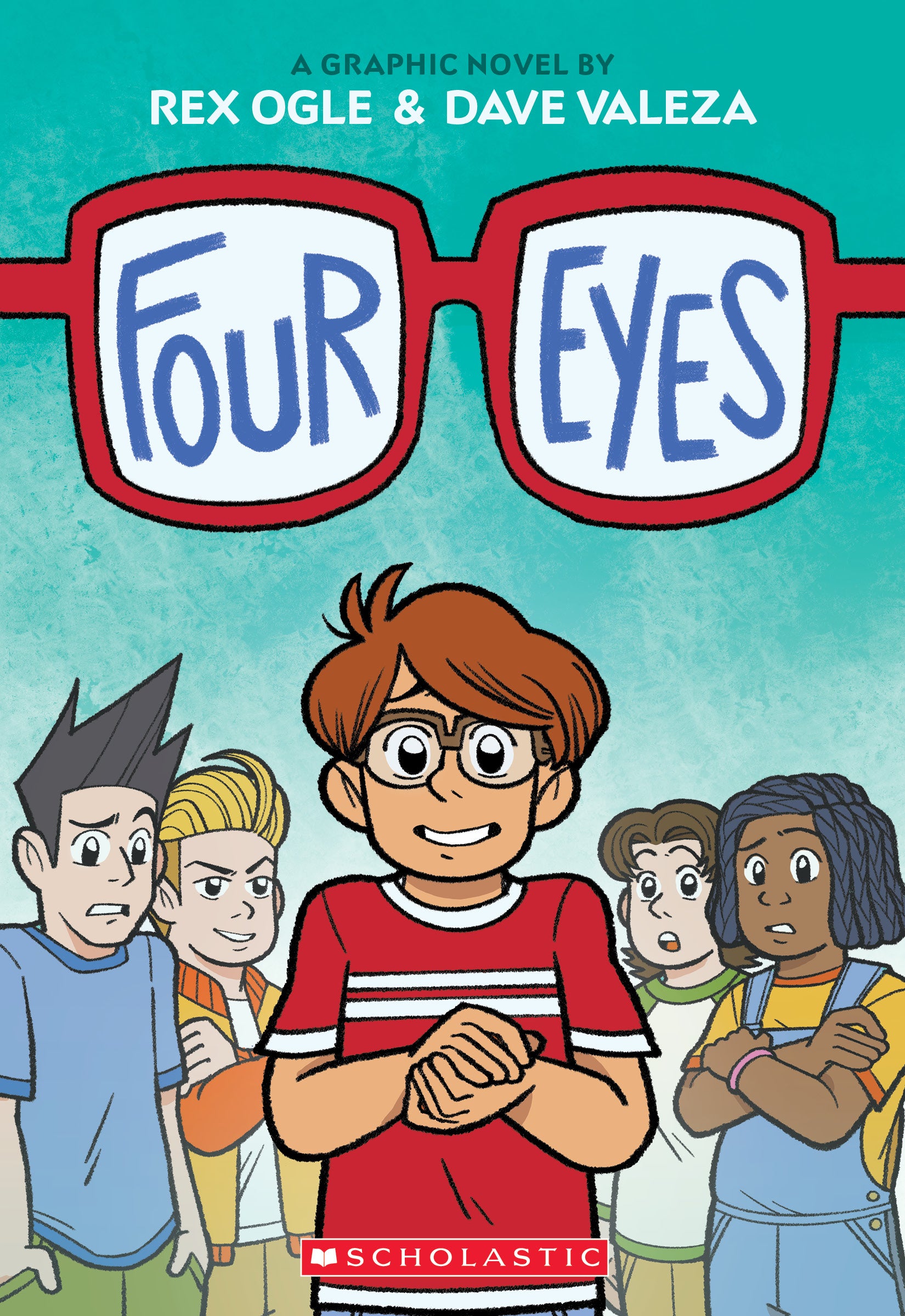 Full image cover of Four Eyes featuring a character in the middle wearing glasses, and four kids behind him