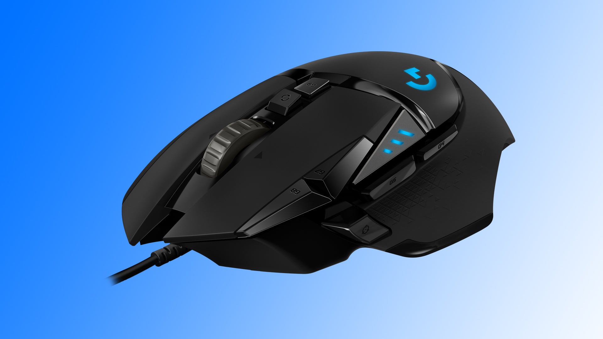 Image of a Logitech G502 Hero mouse on a blue to white gradient background.