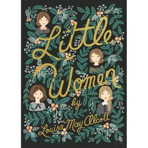 Illustrated cover that reads Little Women and features flowers and leaves and four women
