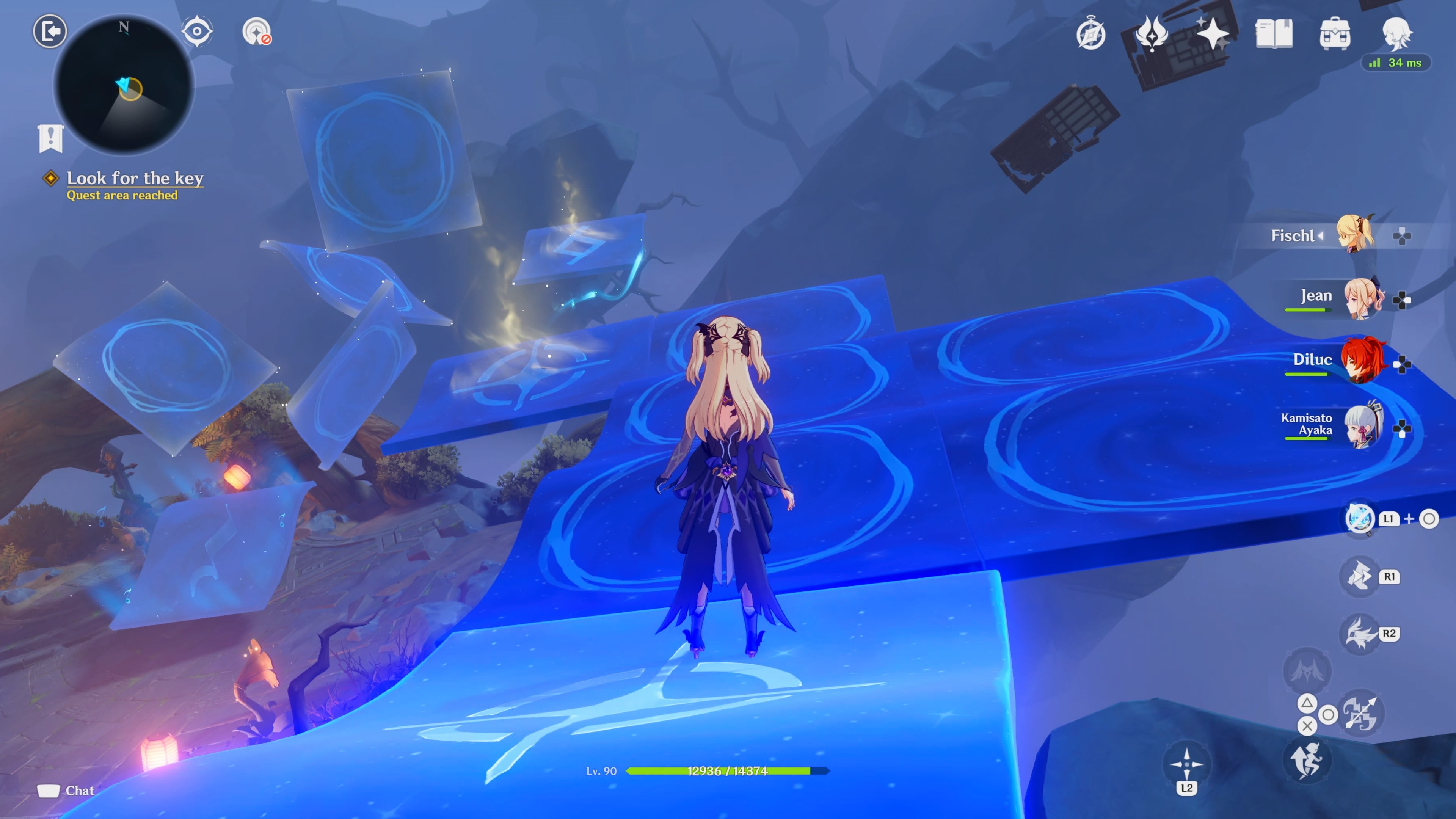 Genshin Impact - a character standing on a strange, blue, floating platform