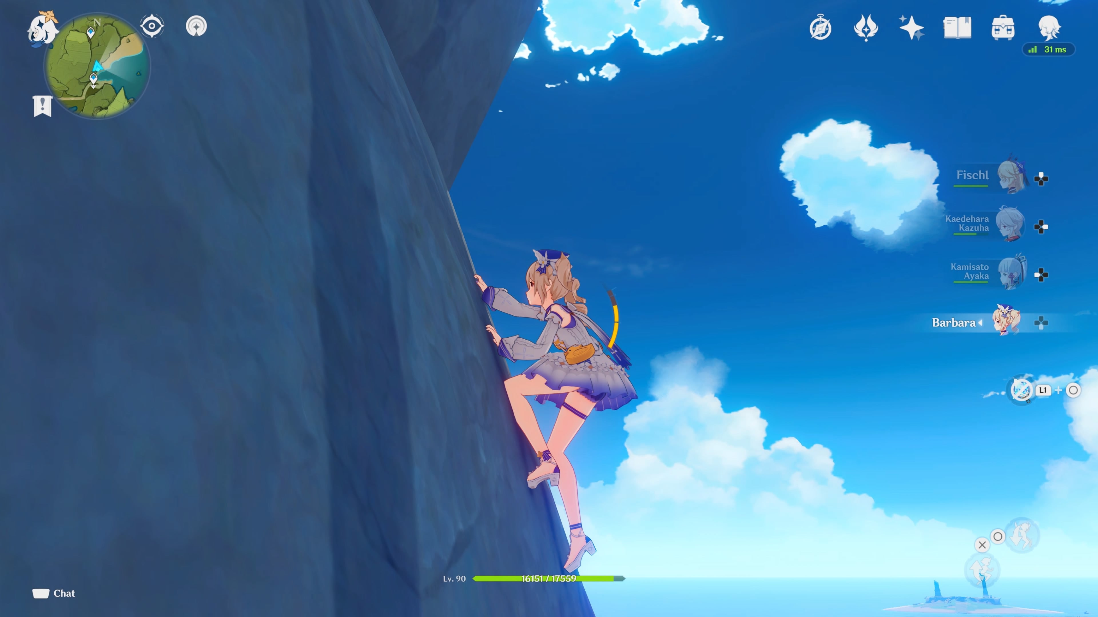Genshin Impact - a female character climbs a cliff