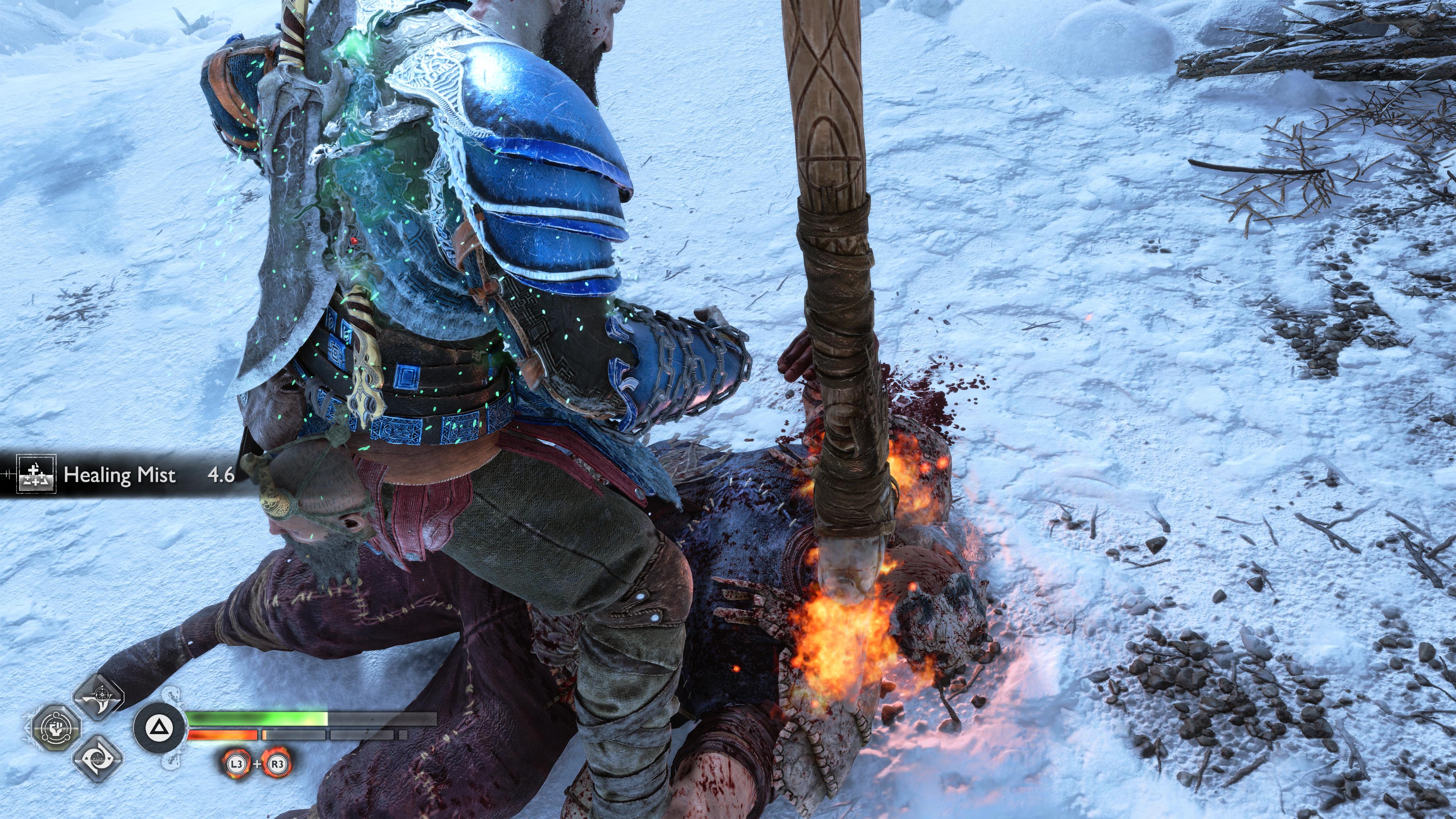 God of War Ragnarok review - Kratos after shoving a pole into something's head