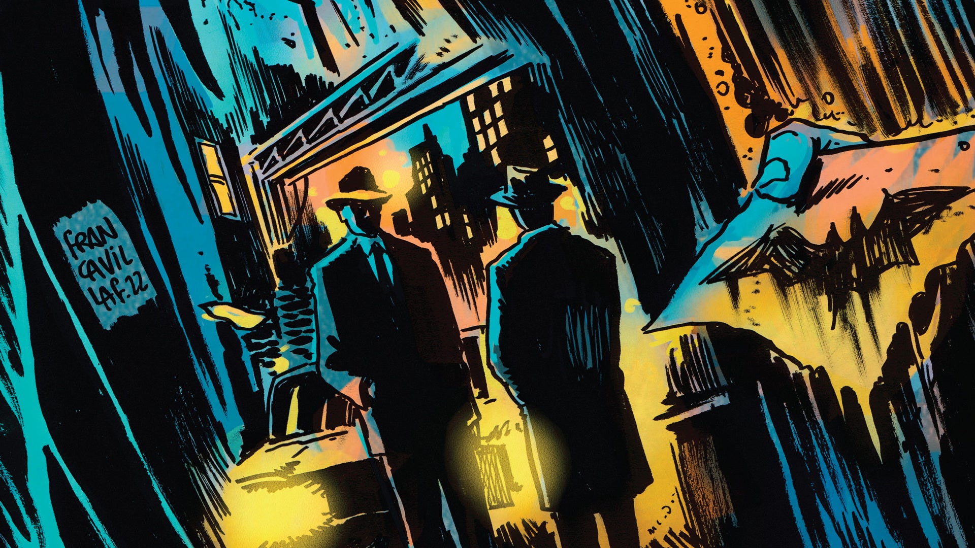 Cropped image by Francavilla featuring two figures in suit talking in an alley, and a hand holding a piece of paper that has a  bat on it
