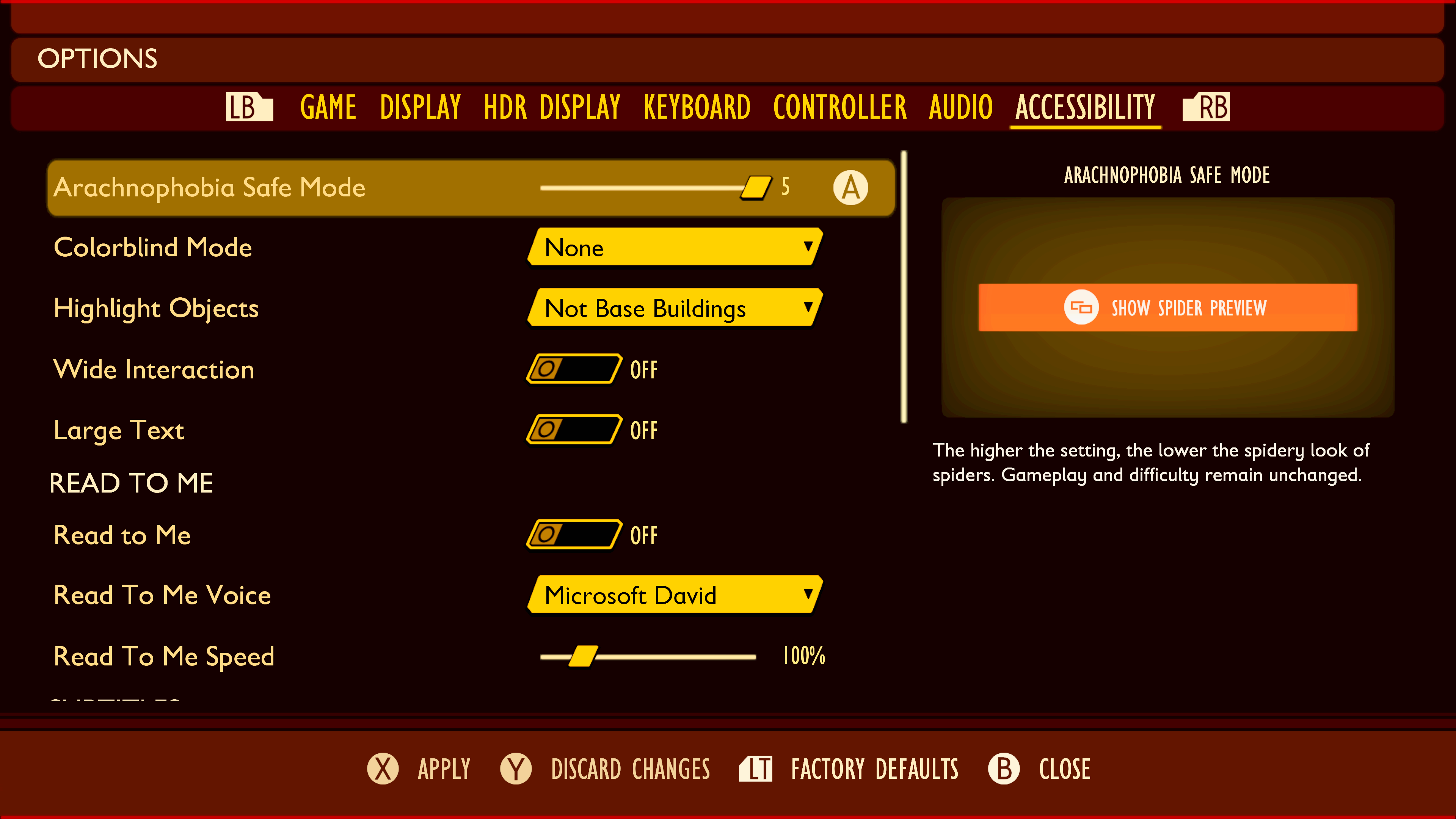 Grounded review - the accessibility options screen