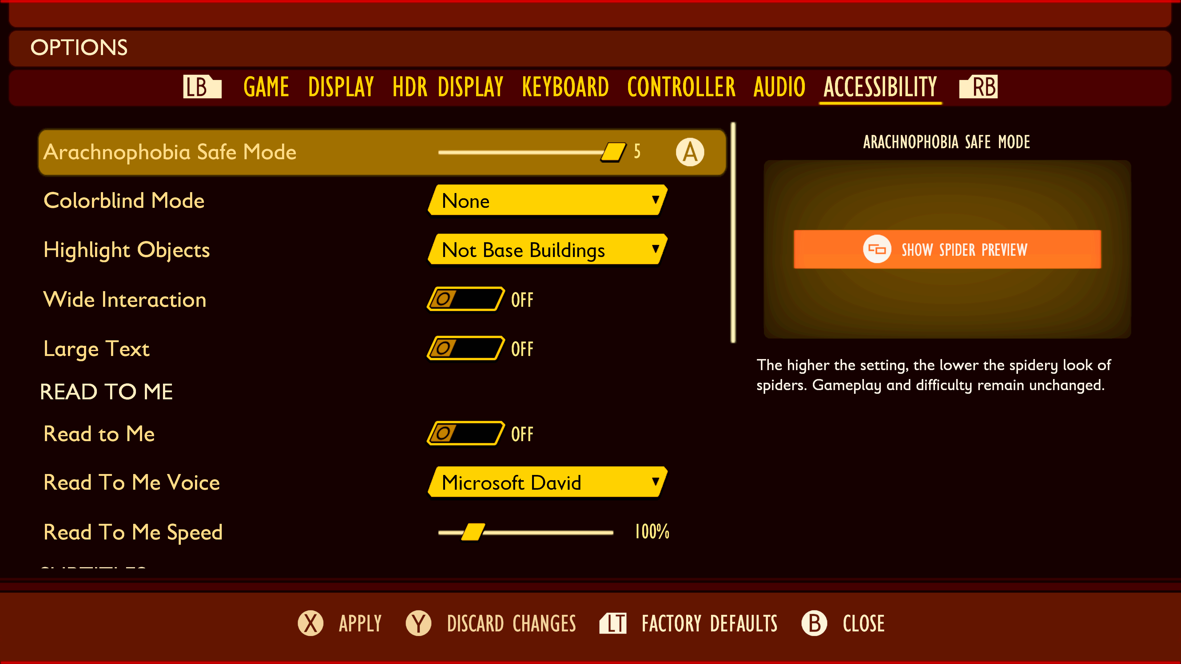 Grounded Review - Accessibility Options Screen