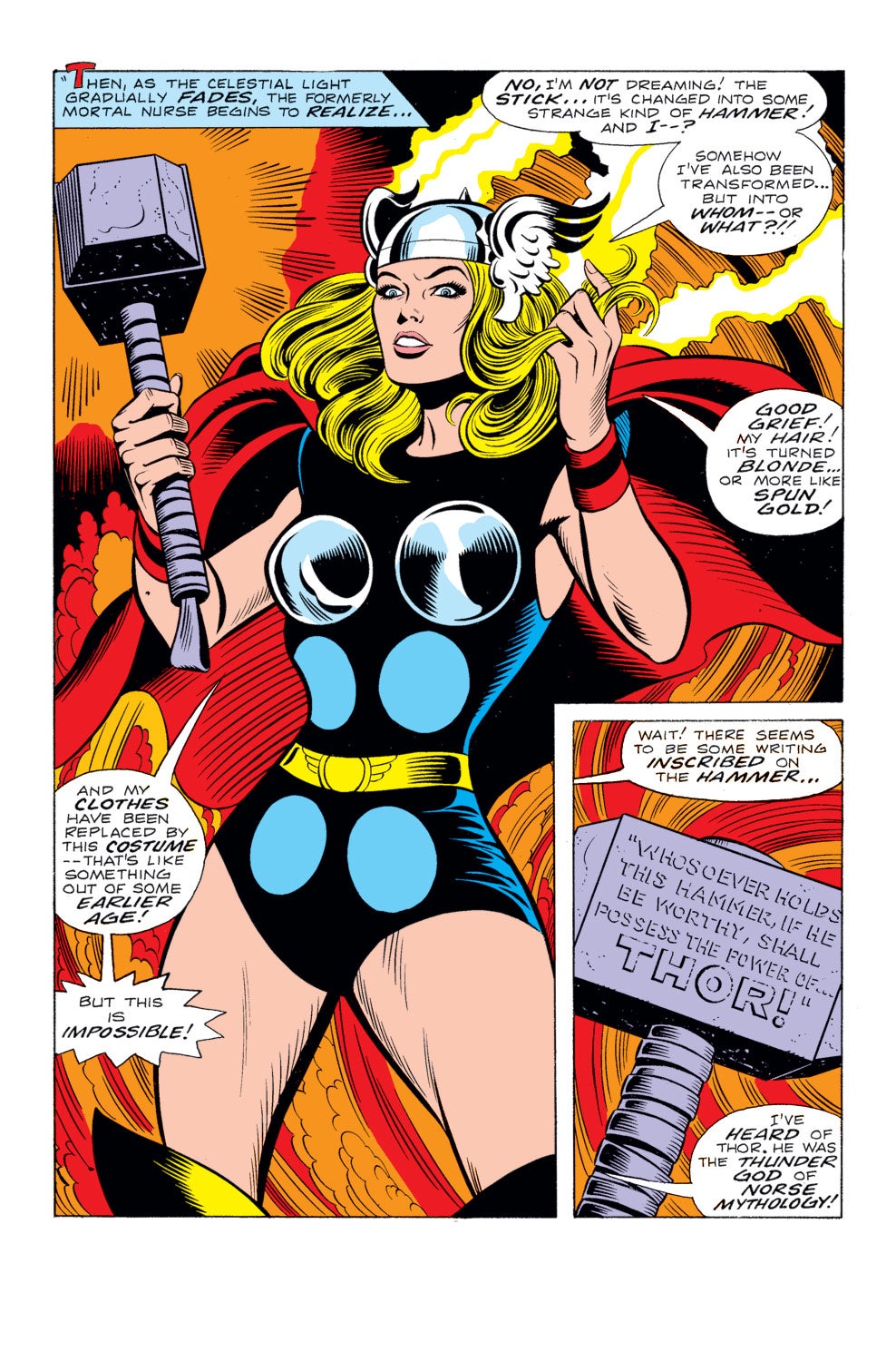 Interior page of What If, featuring Jane Foster in a Thor costume, holding Mjolnir