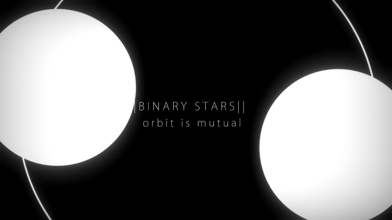 Milky Way Prince review - two large white circles rotate, connected by a thin white circular line, around the text saying "BINARY STARS, orbit is mutual".
