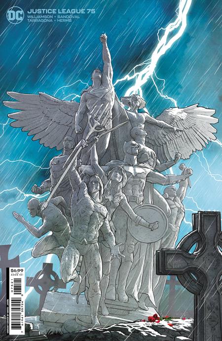 Justice League 75 cover art shows a statue of the Justice League in the rain with lightning behind it